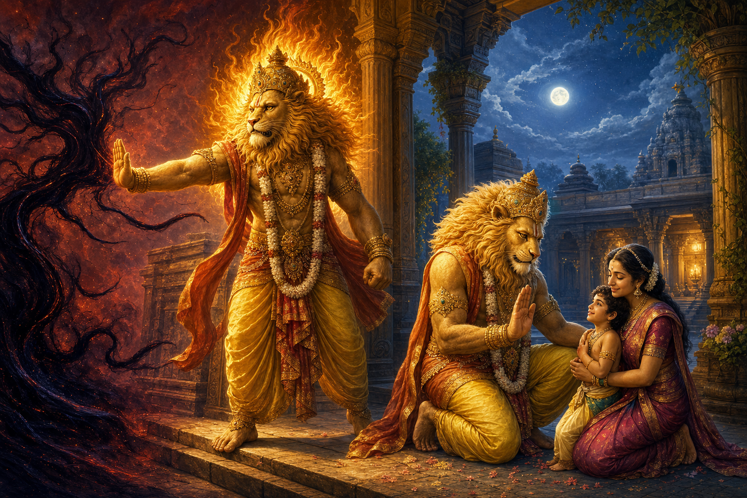 Narasimha guards a temple threshold from abstract dark tendrils and then kneels gently beside a safe parent and child.