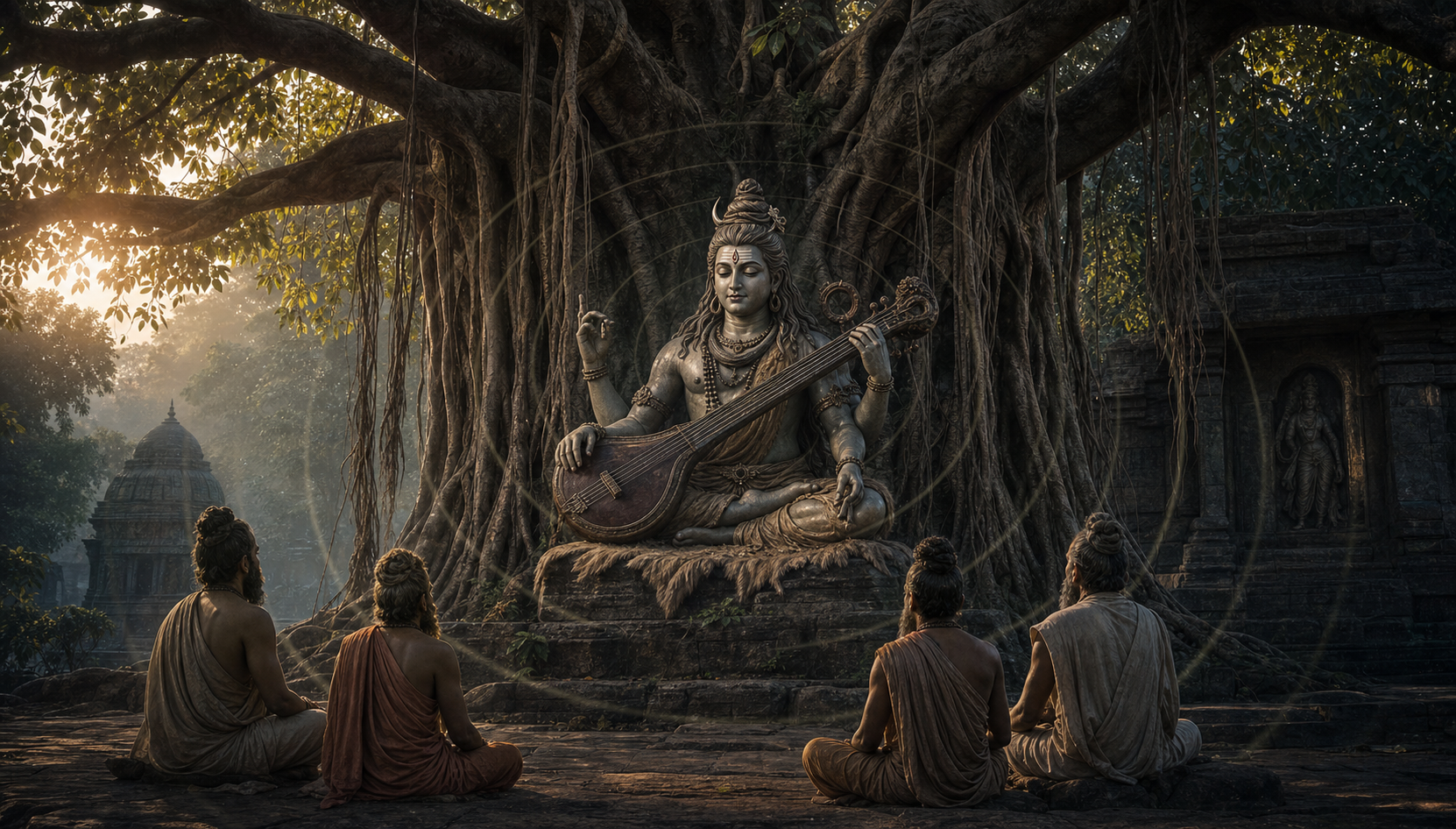 Veenadhara Dakshinamurthy sits with a veena before attentive sages as subtle rings of light suggest silent resonance.