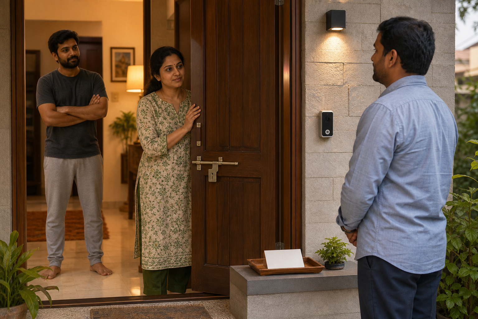 A woman speaks to a visitor through a latched doorway while another household member observes and a door camera overlooks the well-lit entrance.