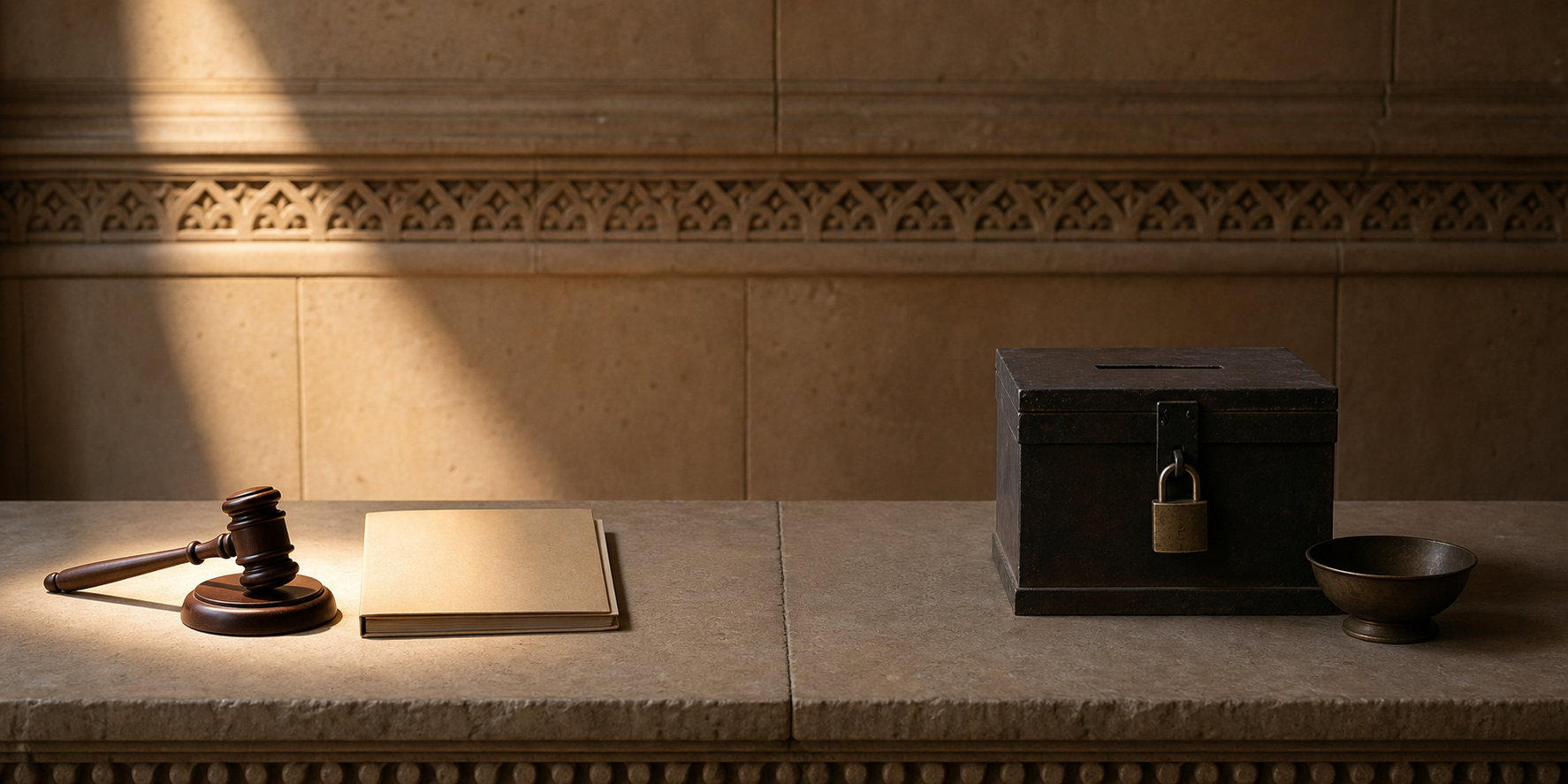 A judicial gavel and closed file sit apart from a locked donation box and offering bowl on a stone table.