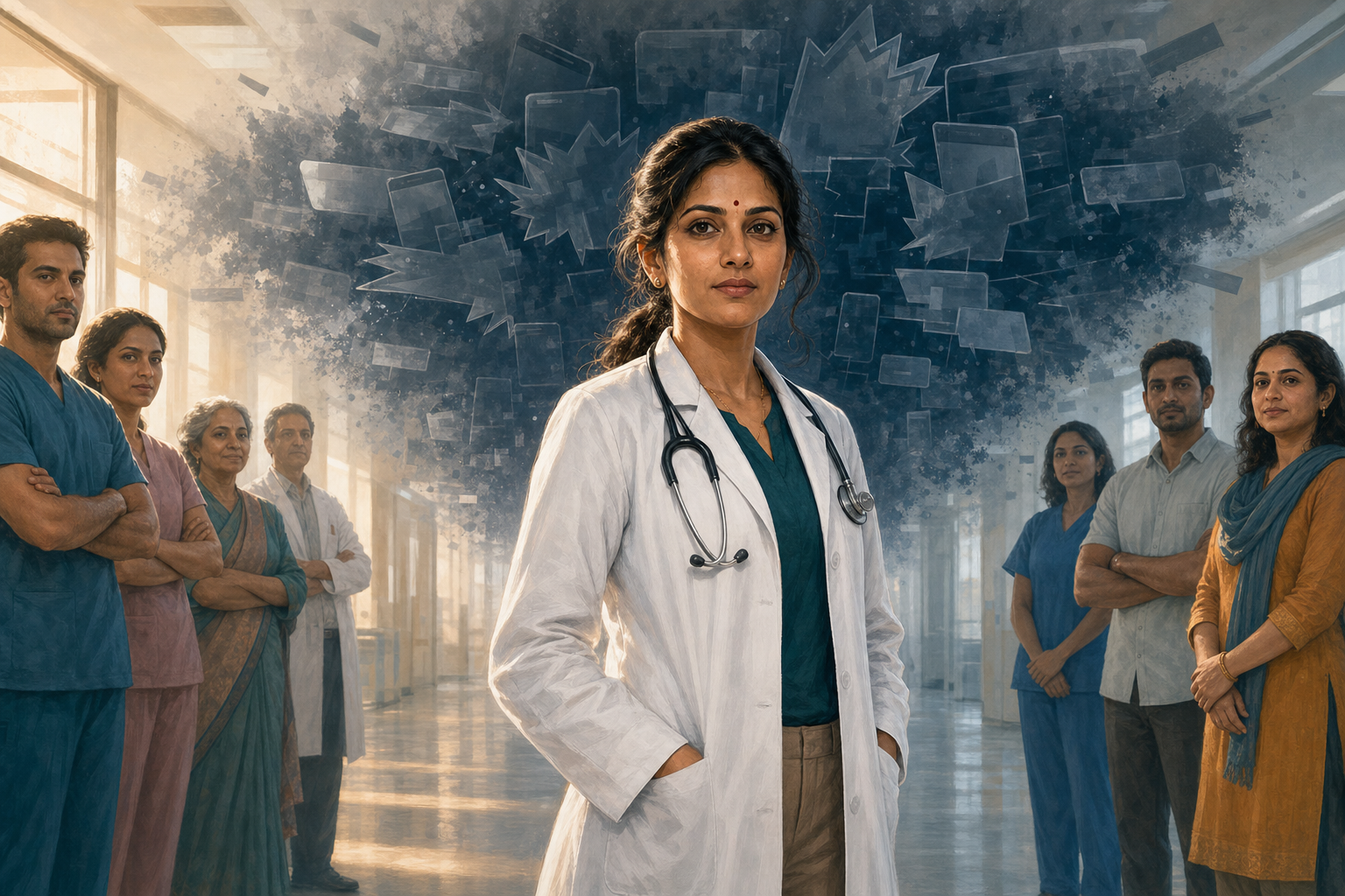 A fictional Bharatiya-American doctor wearing a red bindi stands in a hospital corridor as abstract hostile online notifications gather behind her and supportive colleagues remain nearby.