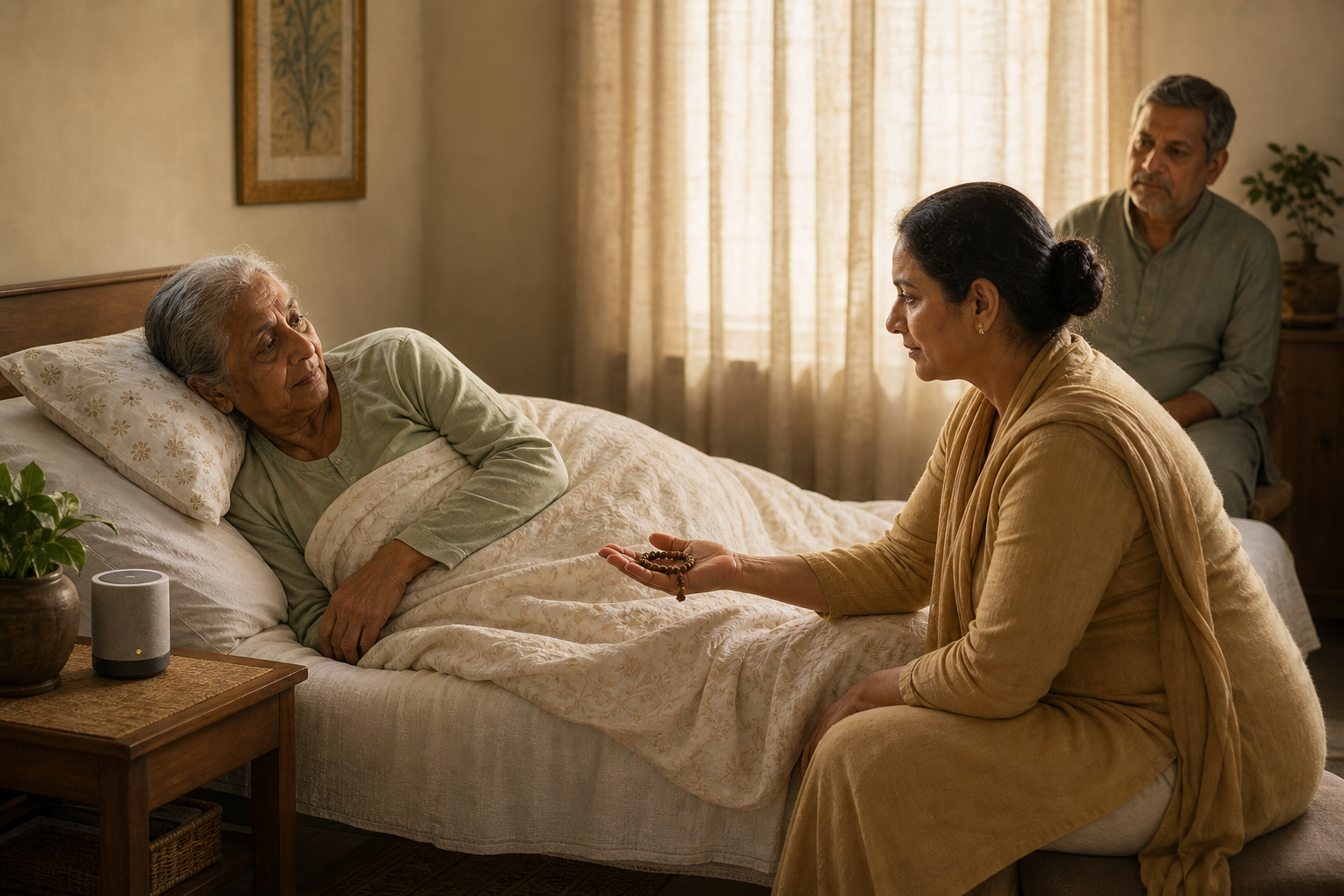 A family member offers wooden prayer beads on an open palm to an elderly person resting in bed while another relative sits nearby.