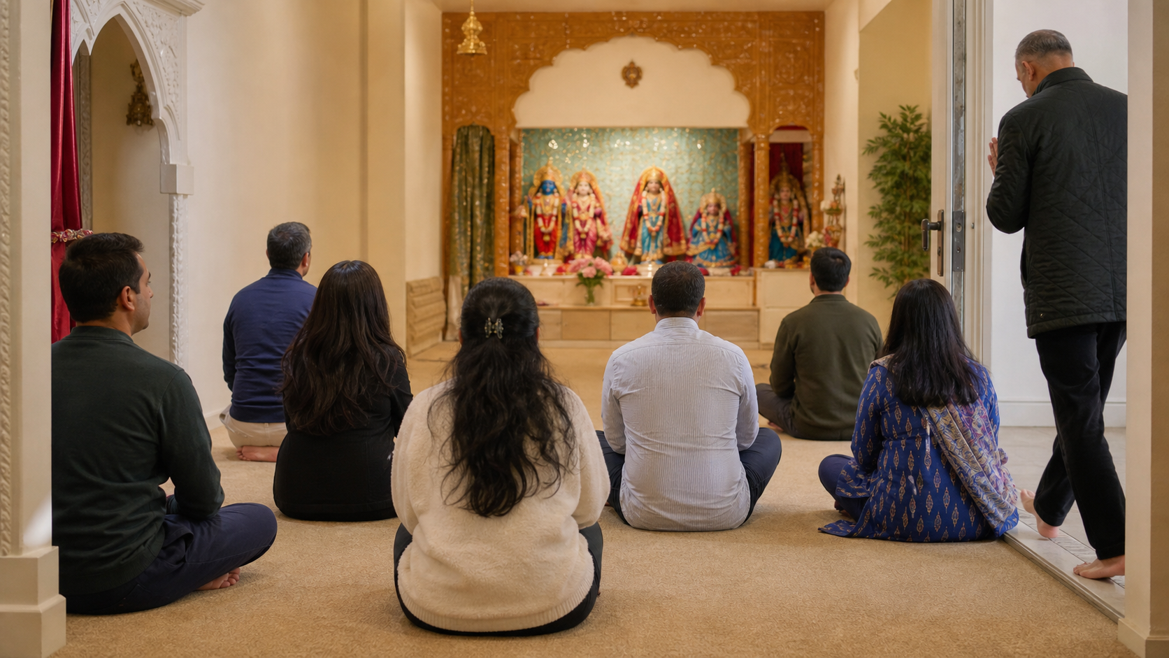 Visitors sit quietly in a warmly lit Hindu temple hall facing a decorated altar.