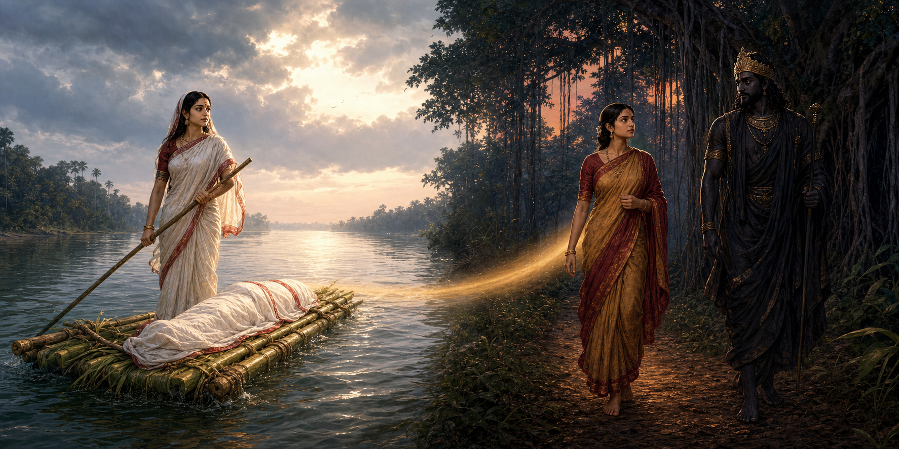 Behula stands on a banana-stem raft beside the shrouded Lakhindar at dawn, while Savitri walks beside Yama through a banyan forest at twilight.