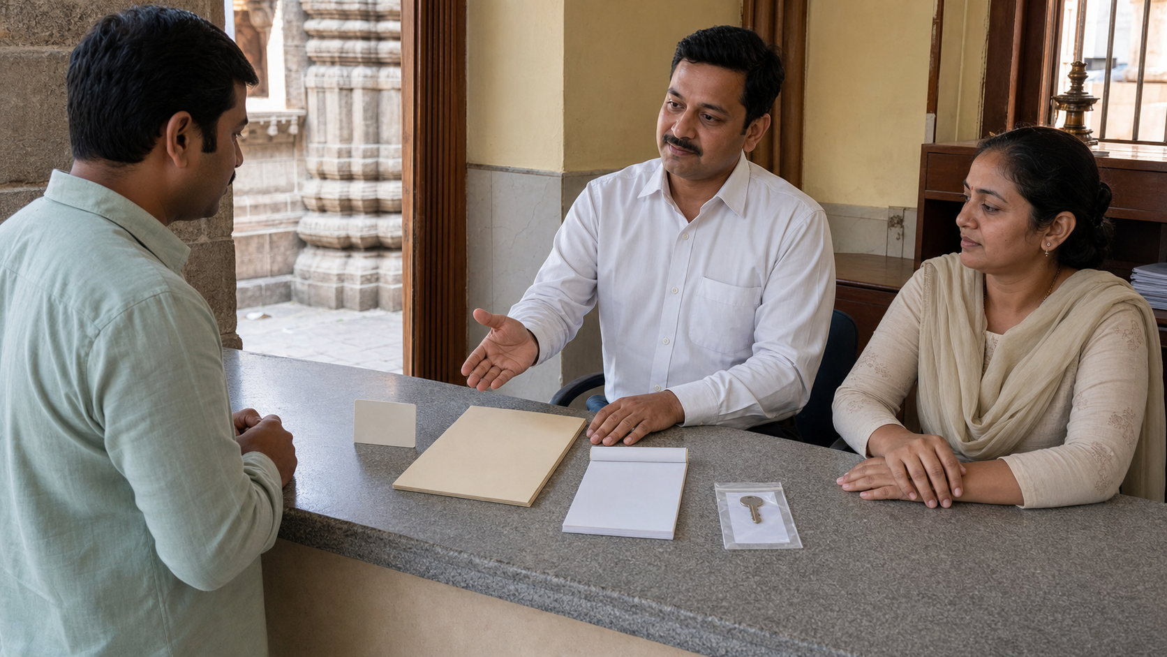 A donor at a shrine office counter examines identification, authorization materials, a receipt book, and a sealed key pouch presented by two administrators.