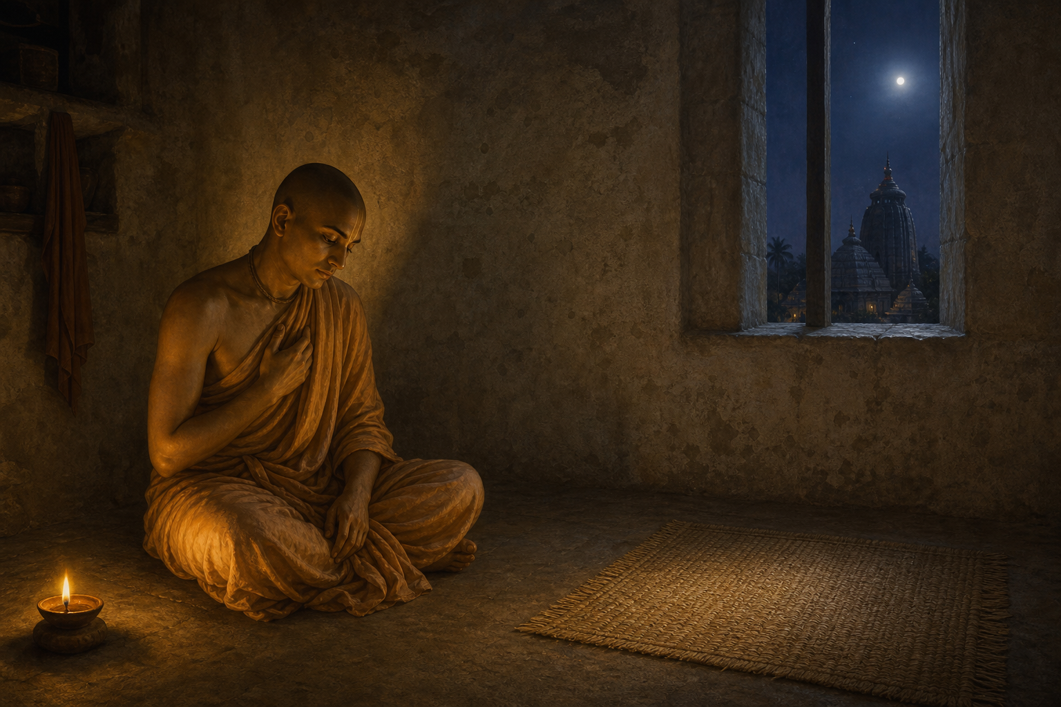 Chaitanya raises his arms with tears in his eyes during kirtan as companions sing, clap, play hand cymbals, and watch him reverently in a temple courtyard.