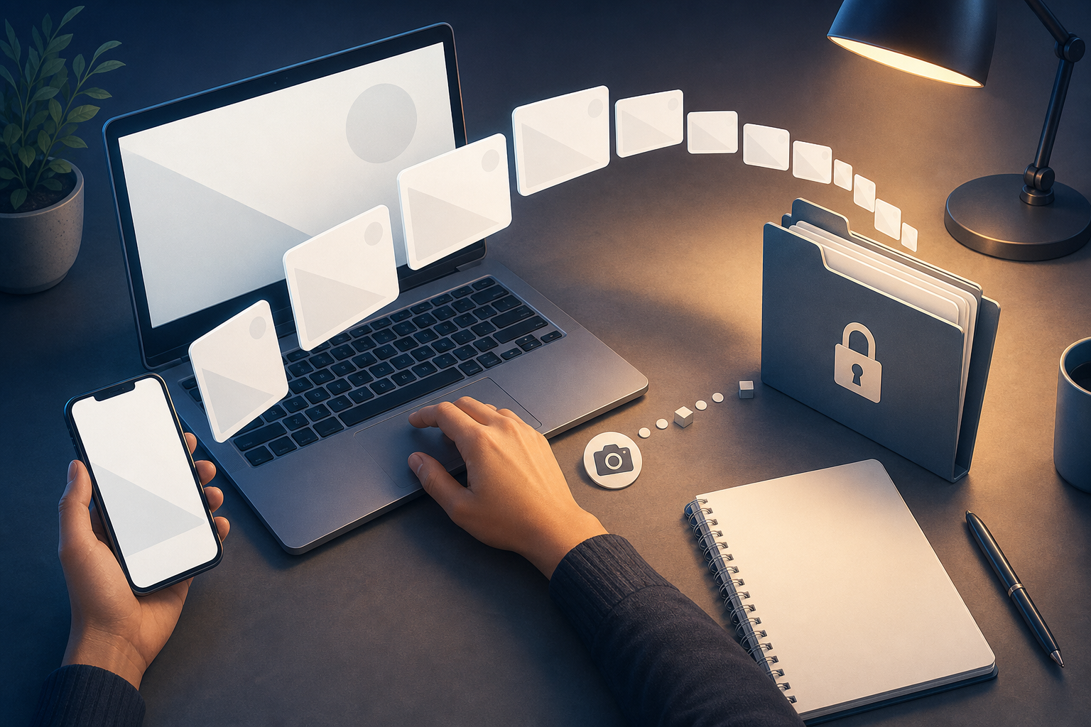 Hands use a phone and laptop to preserve hostile online material in a secure digital folder at a neatly arranged desk.