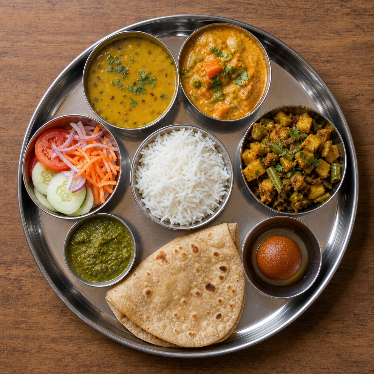 A stainless-steel thali containing rice, dal, vegetable dishes, chapati, salad, chutney, and a small sweet.
