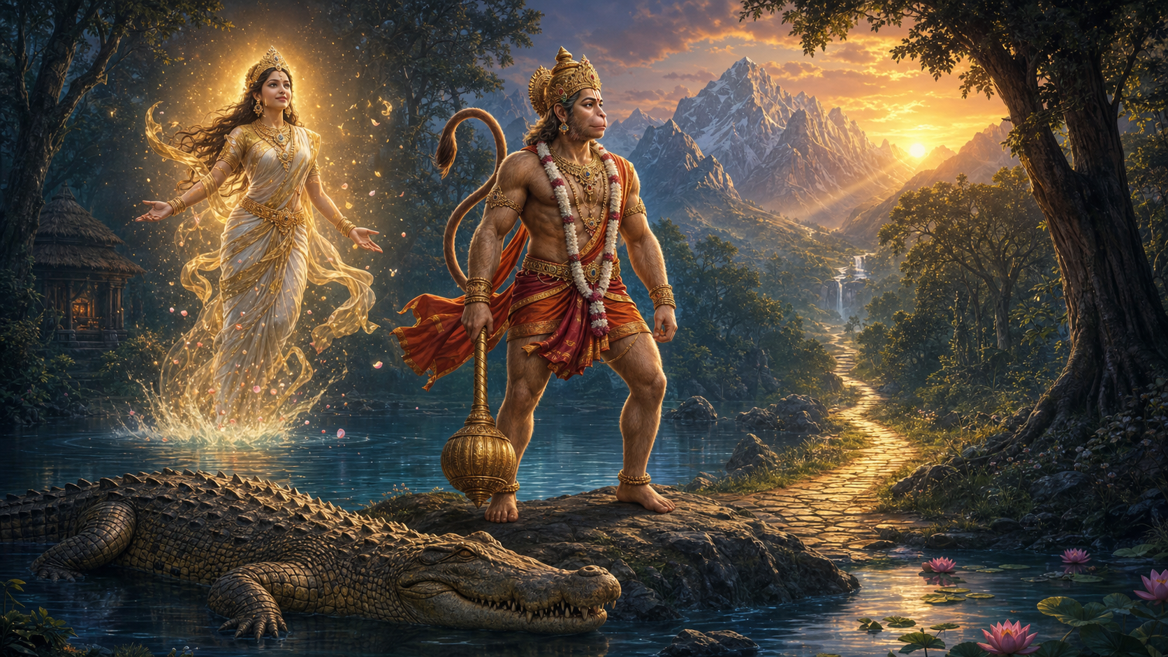 Hanuman stands beside the subdued lake while Dhanyamali appears in radiant celestial form and a bright path continues toward distant mountains.