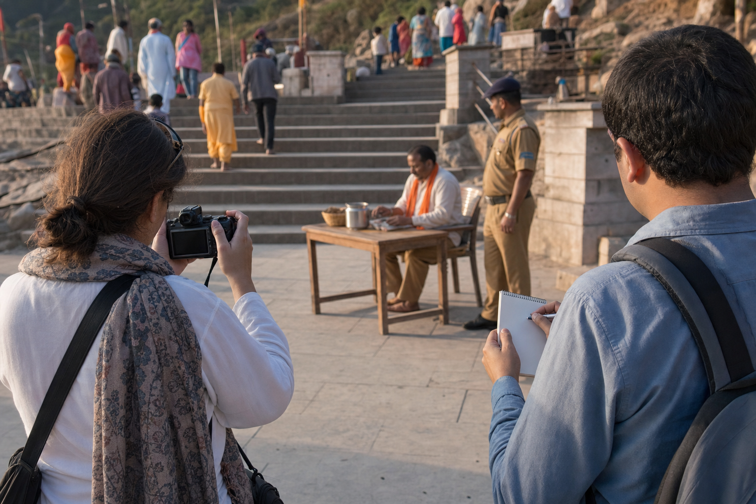 Two visitors calmly document the location of a collection table from a distance at a busy hill pilgrimage site.
