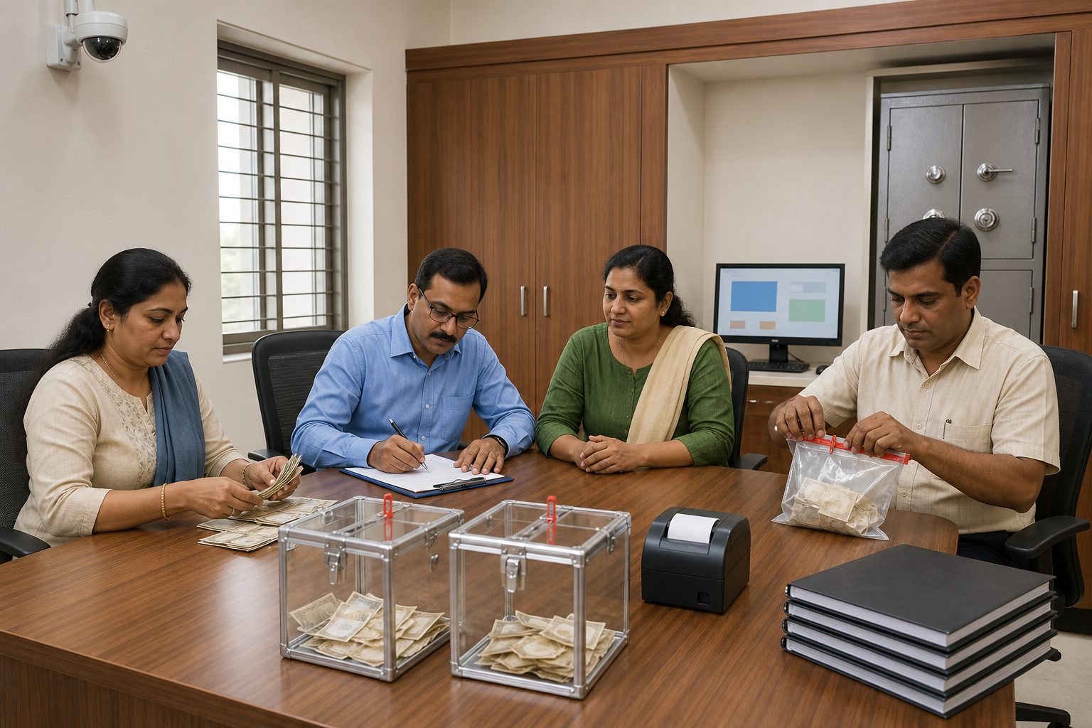 Four committee members jointly count offerings in a secure room with locked collection boxes, sealed deposit pouches, audit folders, and a security camera.