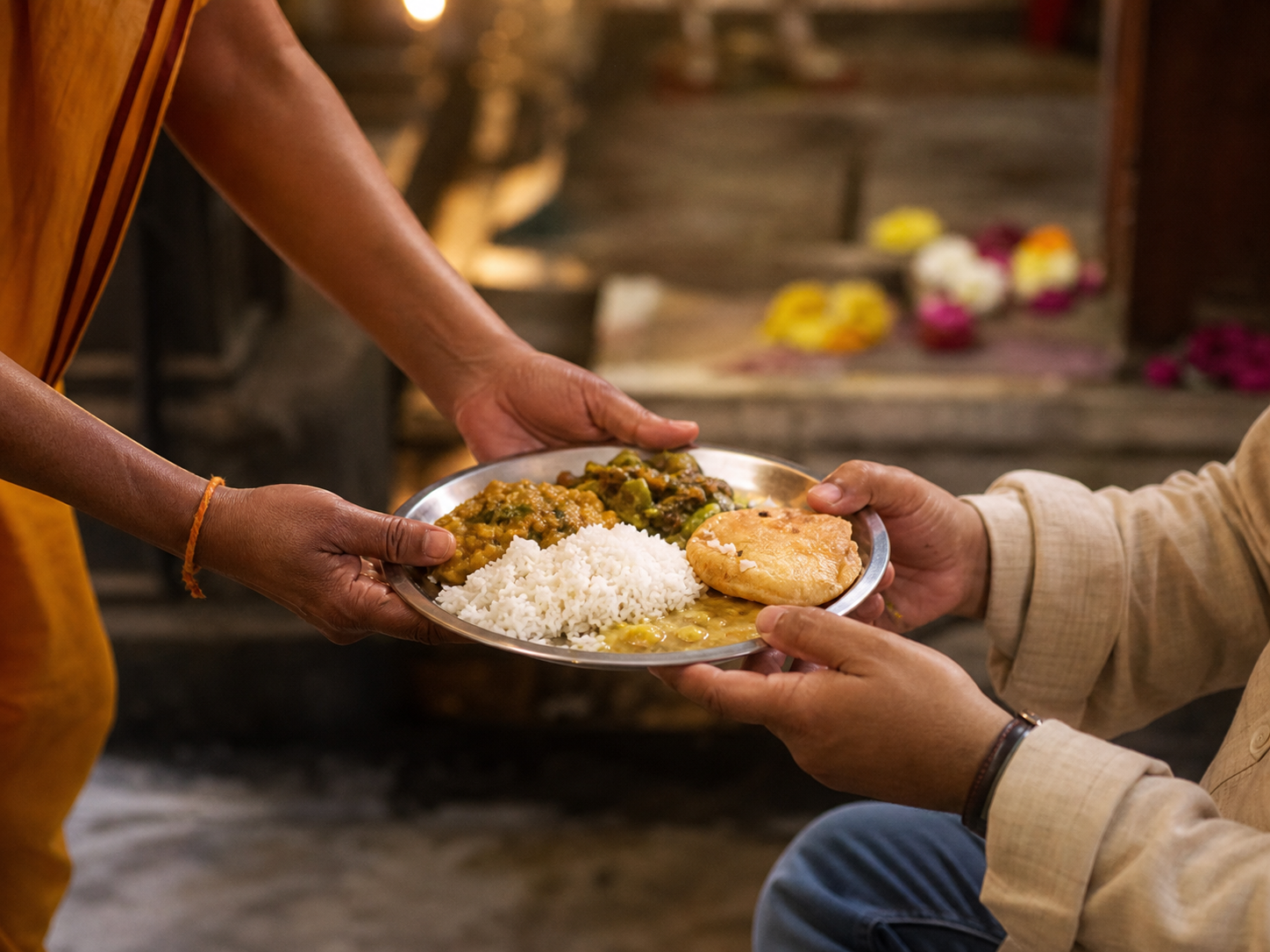 A volunteer respectfully hands a plate of vegetarian food to a seated visitor in a softly lit devotional setting.