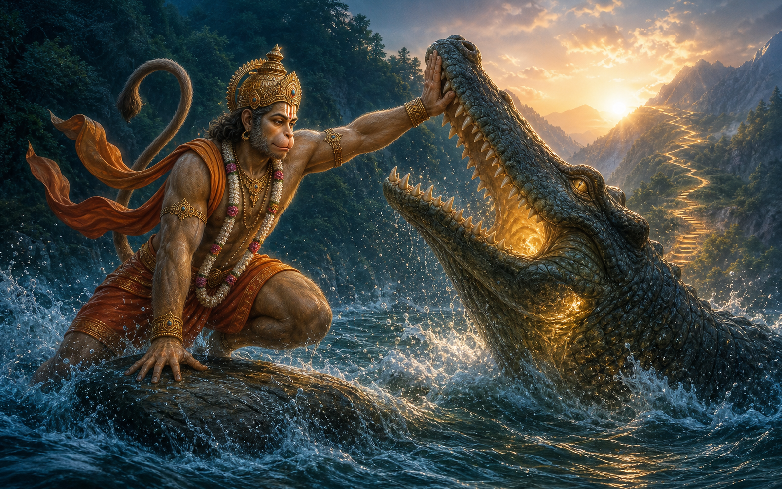 Hanuman decisively restrains a giant crocodile in a turbulent forest lake while a faint golden light glows within the creature.
