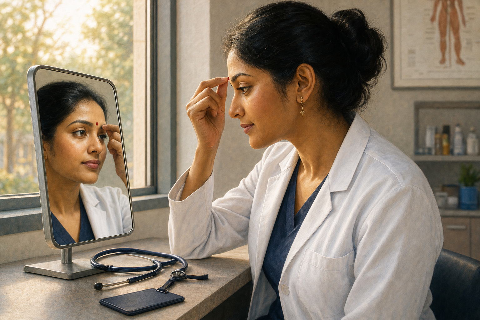 A fictional Bharatiya-American physician adjusts a small red bindi beside a clinic window, with a stethoscope resting nearby.