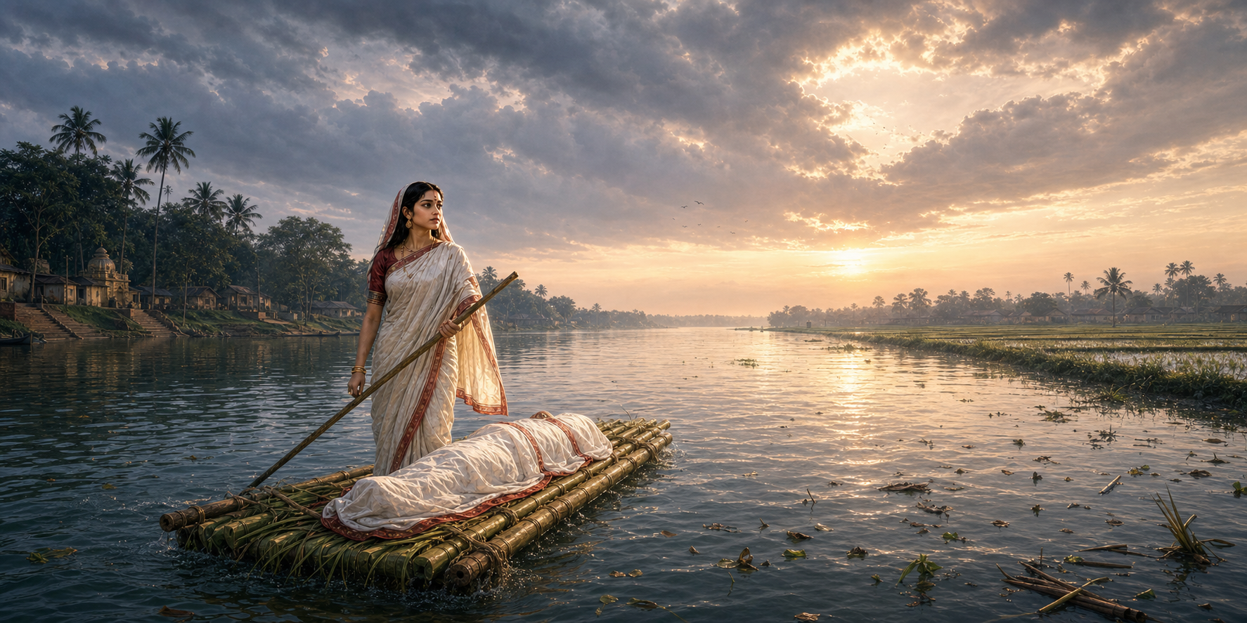 Behula guides a banana-stem raft carrying the covered body of Lakhindar along a rain-darkened river toward a bright horizon.