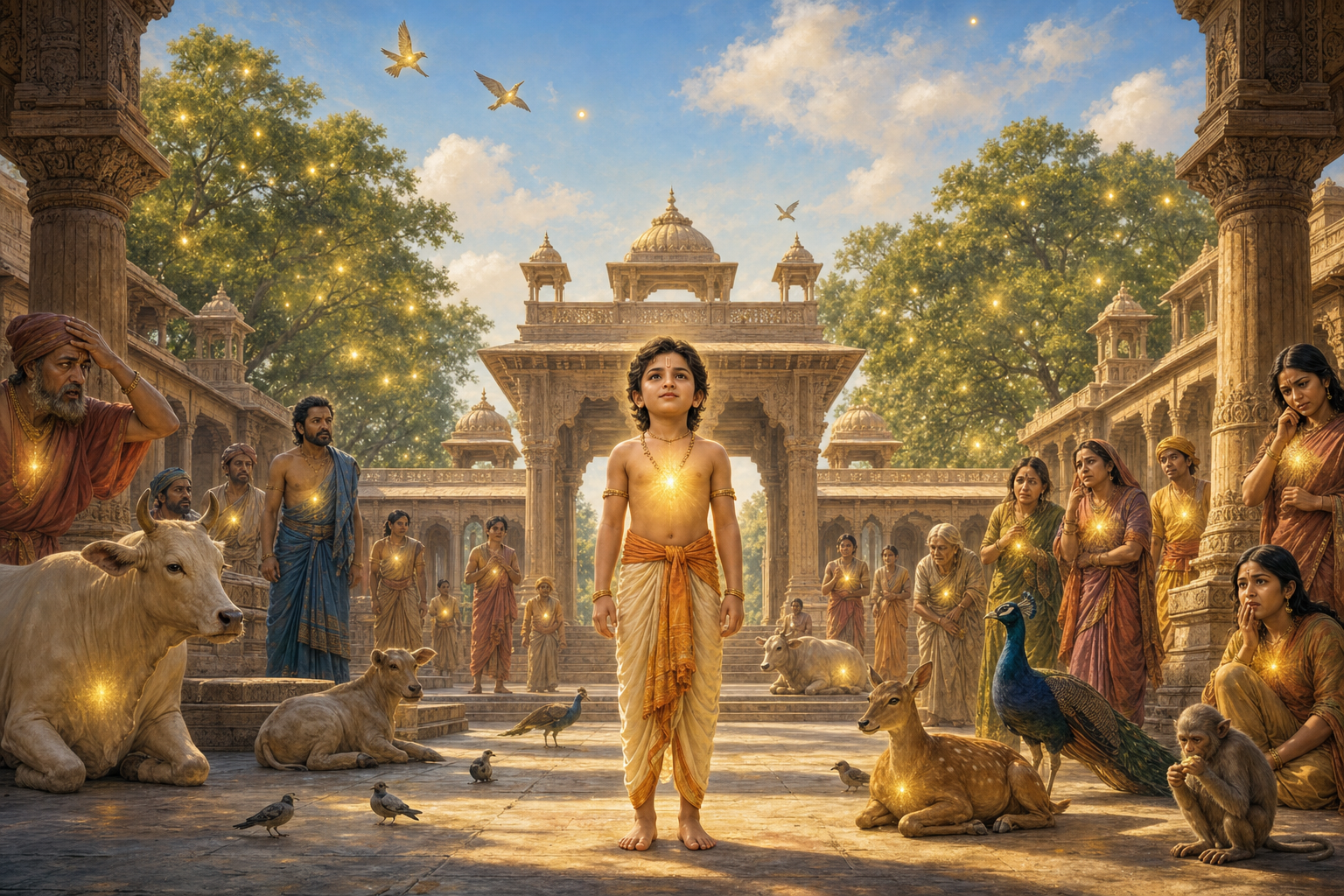 A devotee beneath a banyan tree observes an elder, child, cow, and bird, each shown with the same small golden-blue light at the heart.