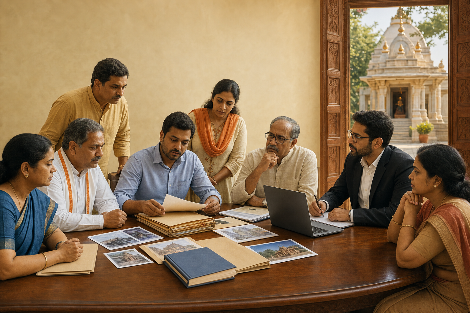Temple trustees, community volunteers, and a lawyer organize documents and photographs around a table beside a Hindu temple courtyard.