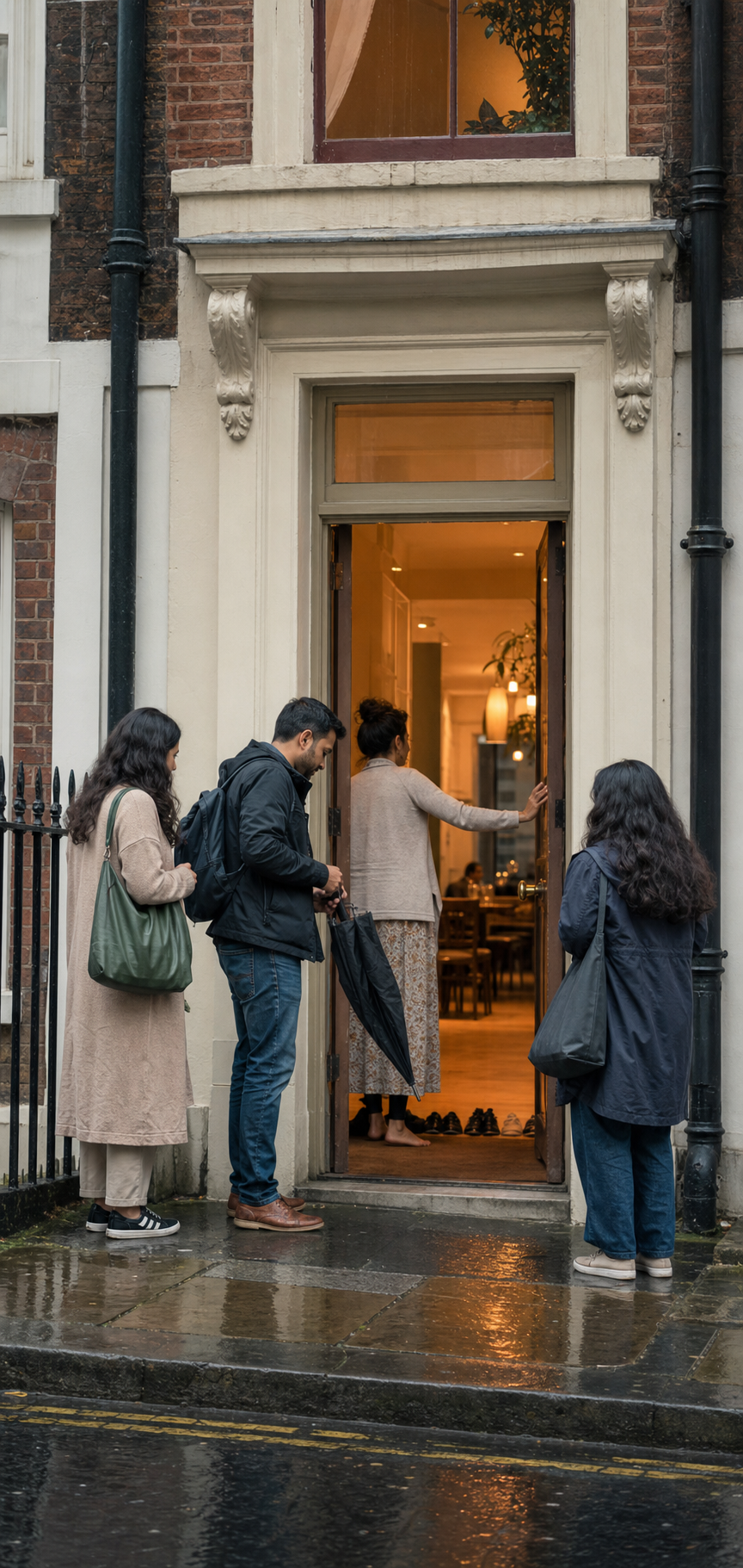 Visitors enter a warmly lit townhouse from a wet central London street, with a dining area visible inside.