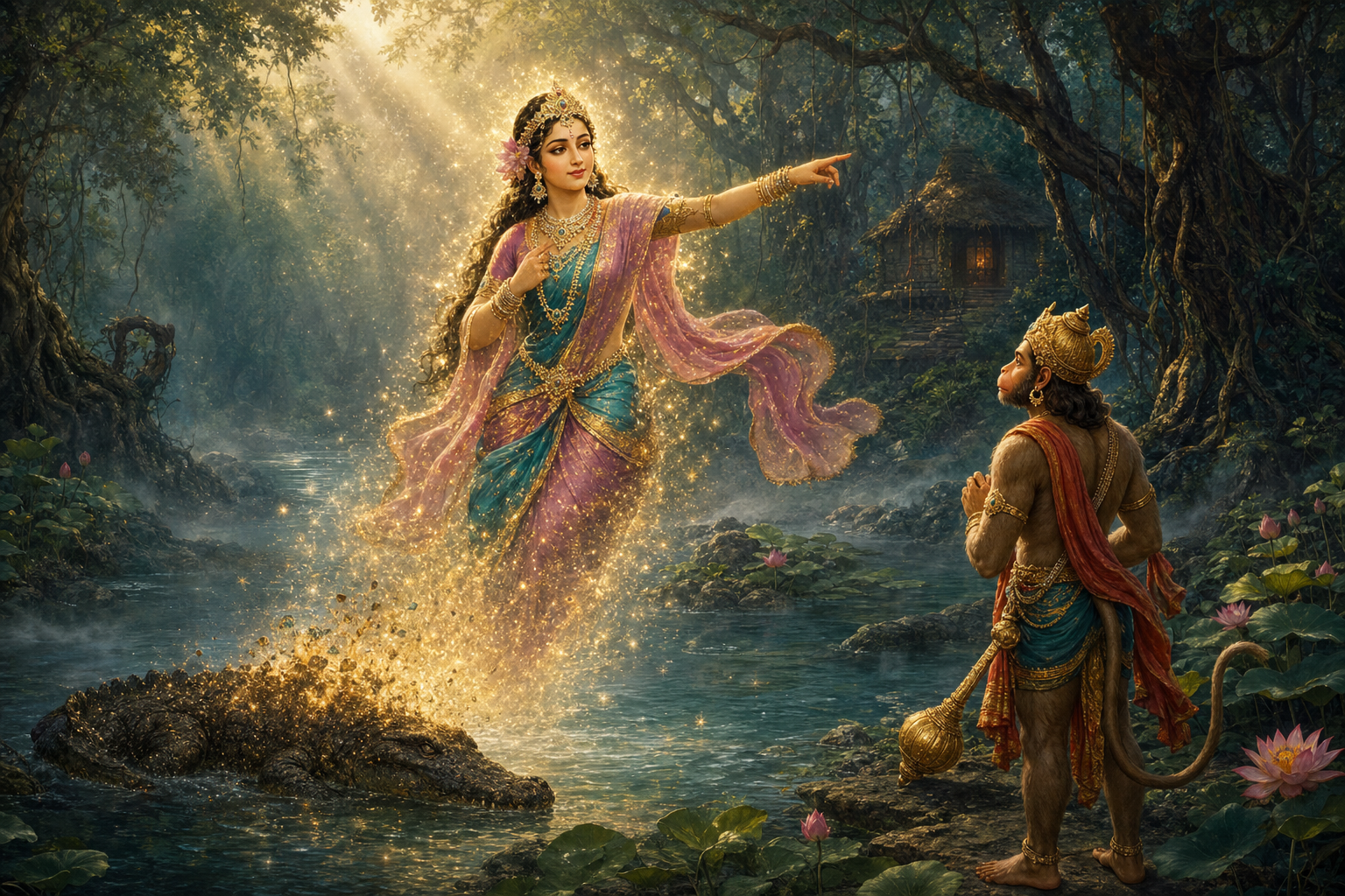 Dhanyamali rises in celestial form from the fading shape of a crocodile while Hanuman listens beside the forest pool.