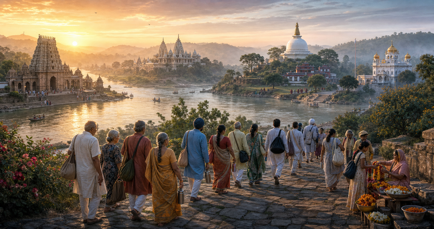 A multigenerational group of travelers walks beside a river toward distinct Hindu, Jain, Buddhist, and Sikh sacred places at sunrise.