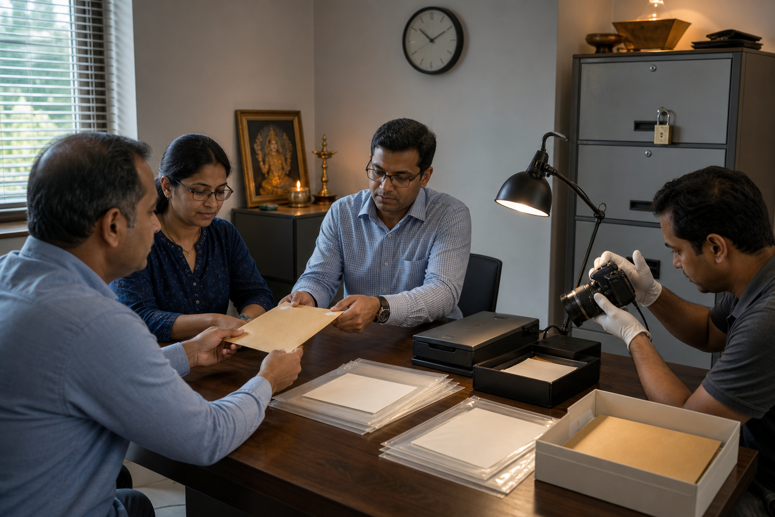 Volunteers in a temple office photograph an official envelope and place supporting papers into archival sleeves and secure files.