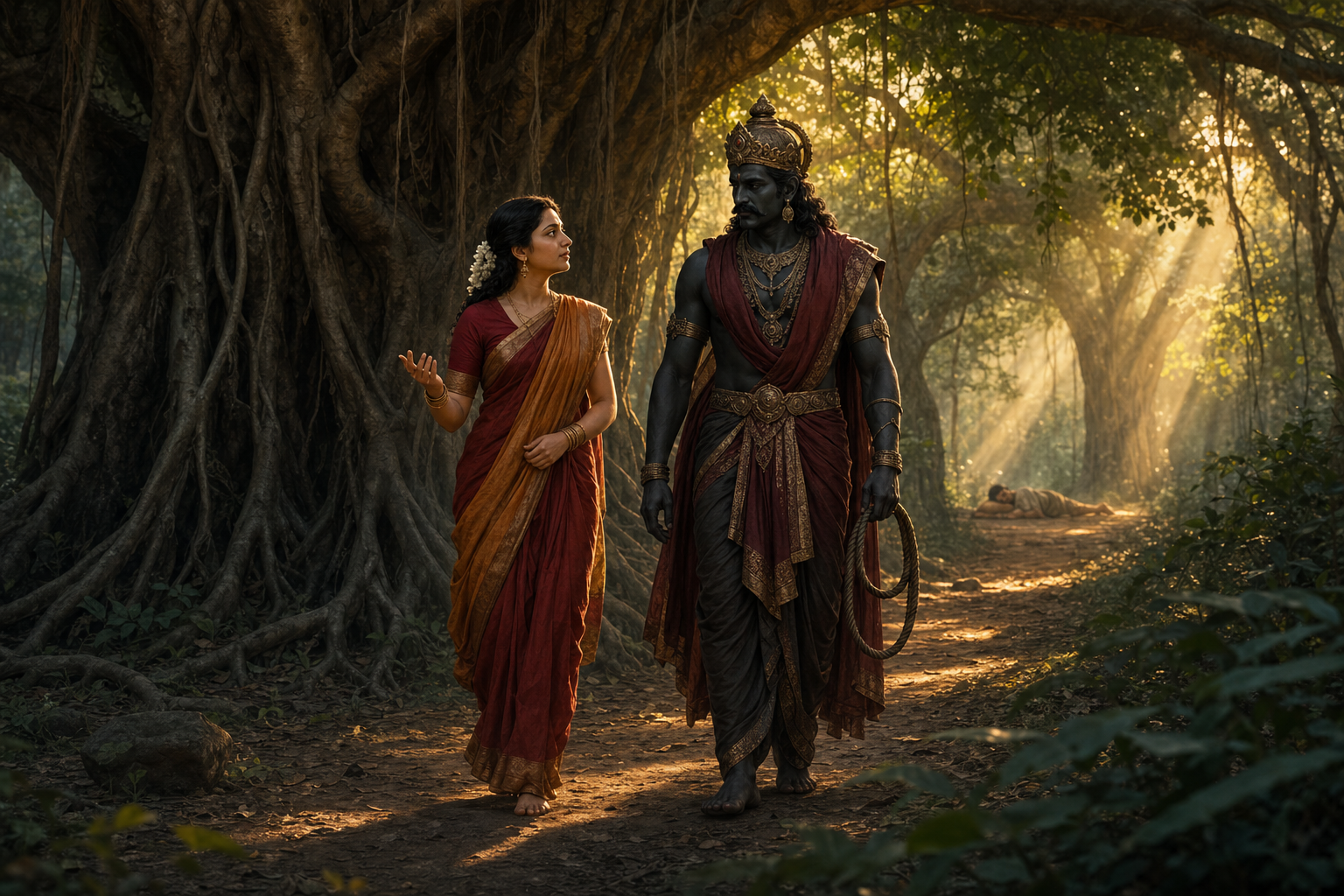Savitri gestures calmly while walking beside the listening Yama beneath a large banyan tree in a twilight forest.
