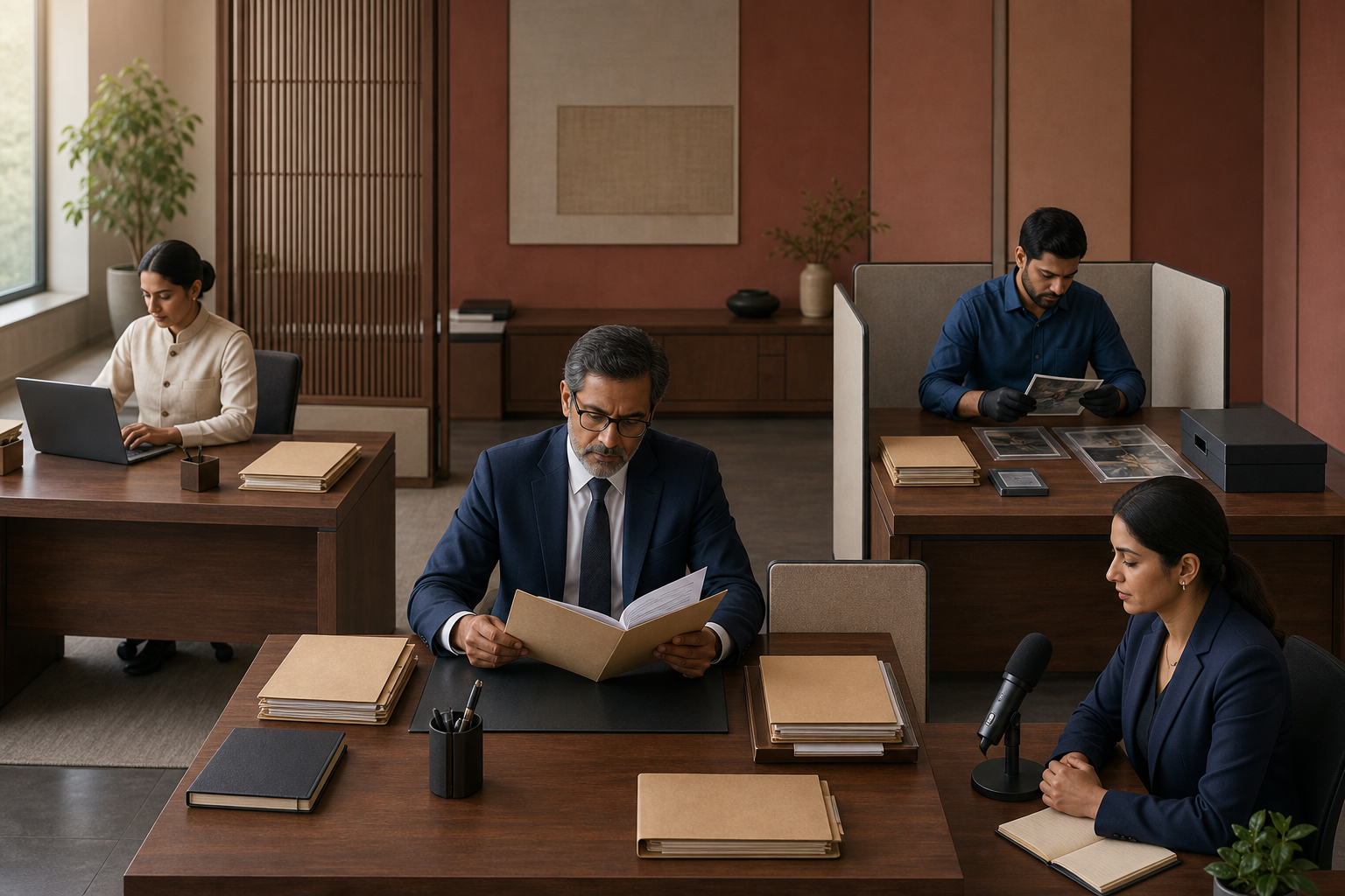 A lawyer, administrator, evidence custodian, and spokesperson work at separate stations with coordinated case folders.
