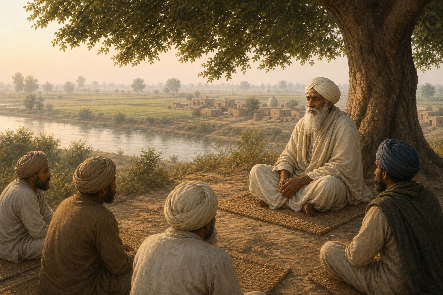 An elderly Sikh spiritual teacher sits beneath a riverside tree with several disciples in a rural Punjab landscape.
