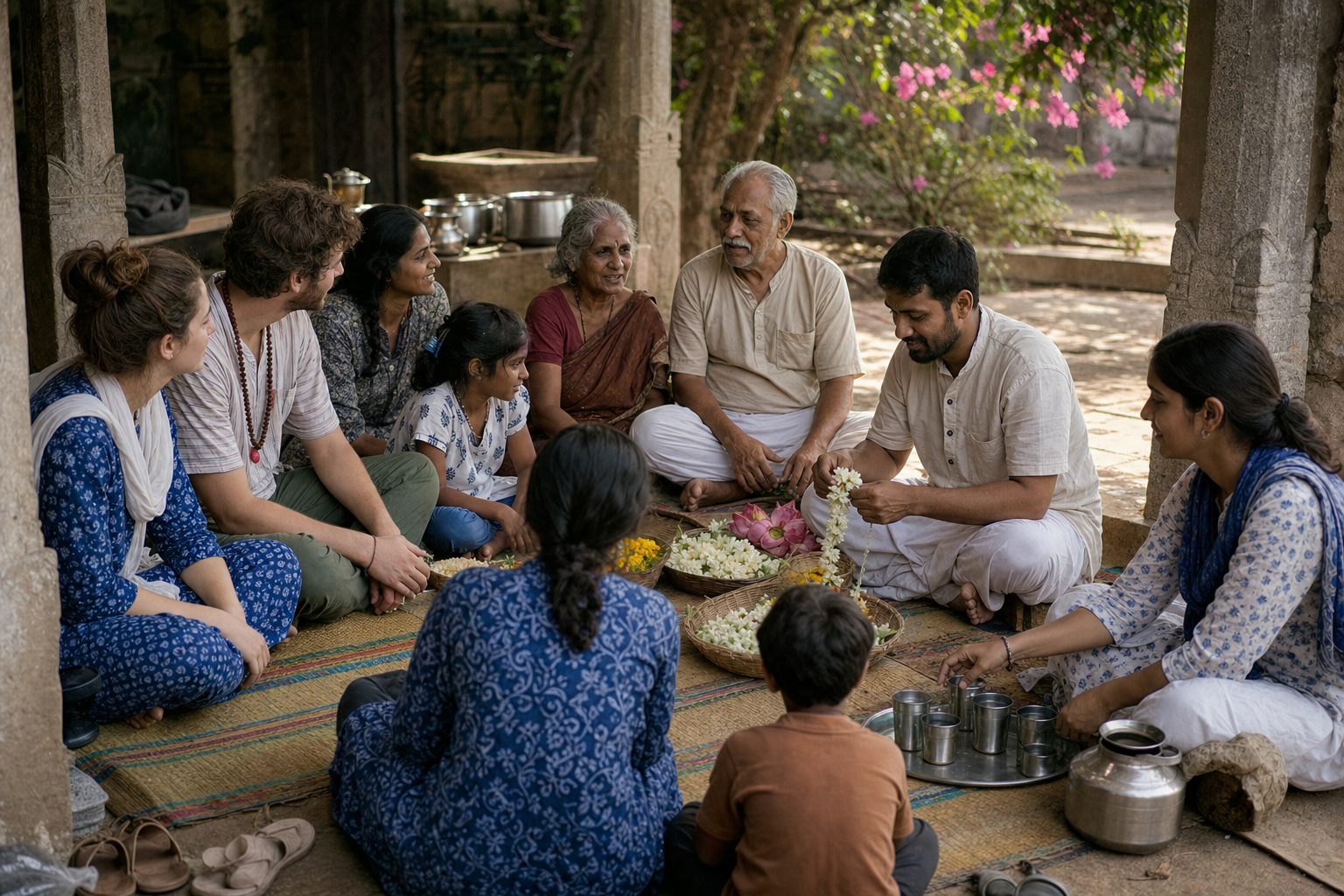 Local hosts, elders, volunteers, and visiting families sit together in a shaded pilgrimage courtyard for a conversation and demonstration.