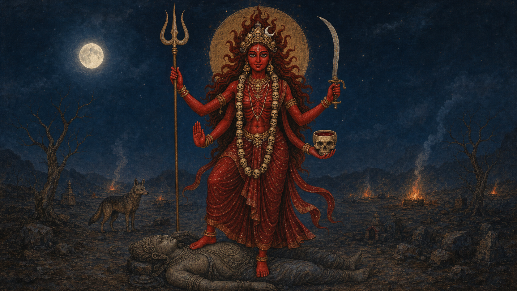 A crimson, emaciated four-armed Rakta Chamunda holds a trident, curved sword, and skull-cup while making a protective gesture in a moonlit cremation ground.