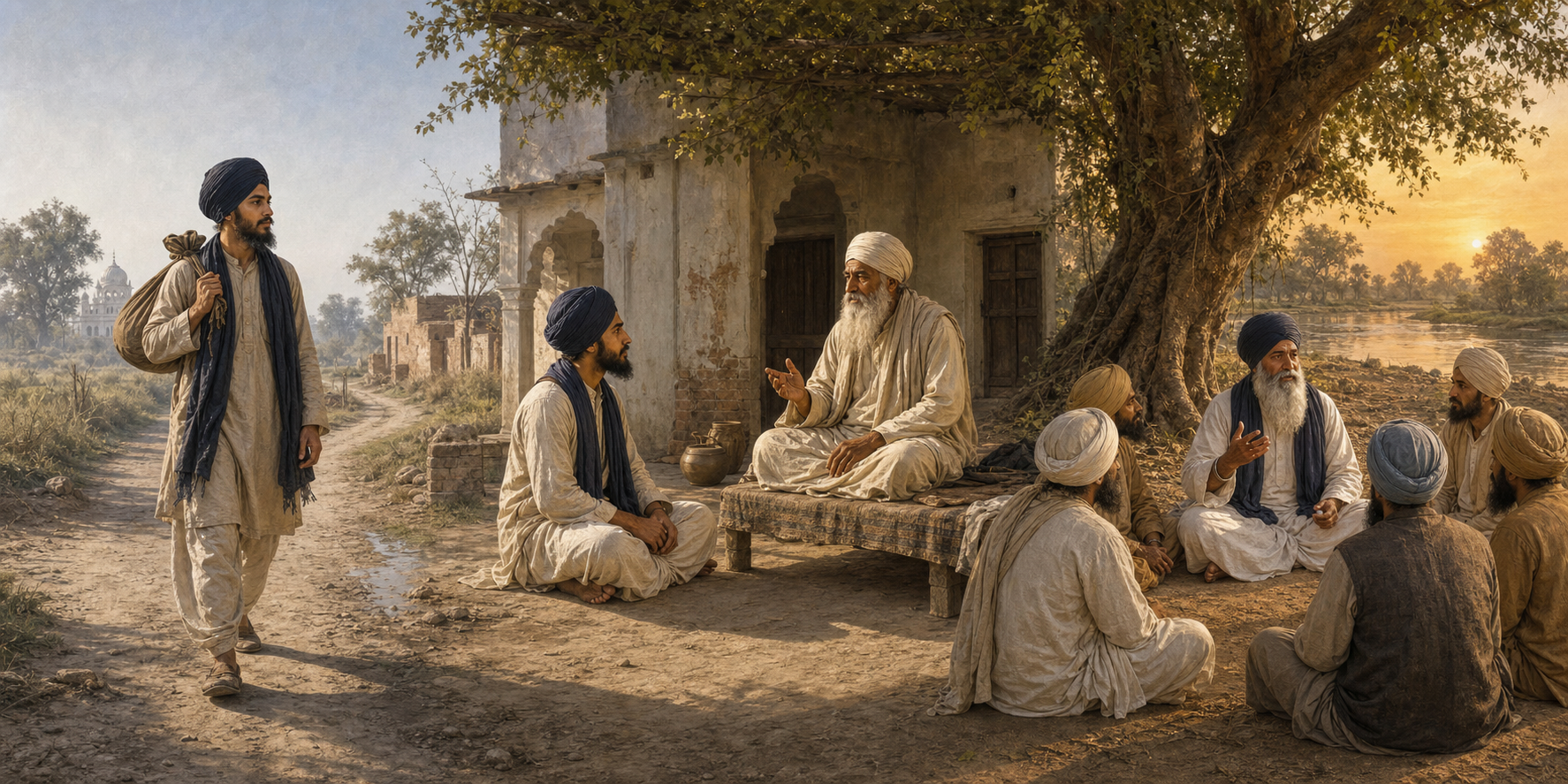 A continuous scene shows a Sikh seeker traveling, learning from an elder, and later guiding disciples beneath a tree.