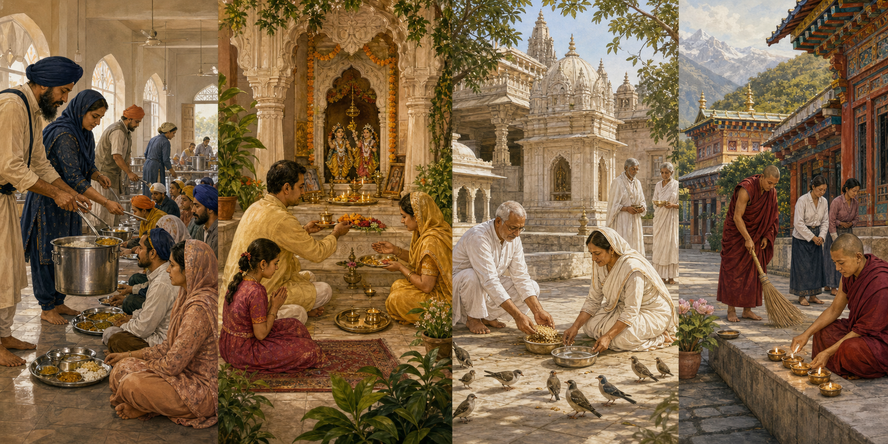 Four distinct scenes show Sikh meal service, a Hindu flower and lamp offering, Jain care for birds, and Buddhist visitors tending lamps and a walkway.