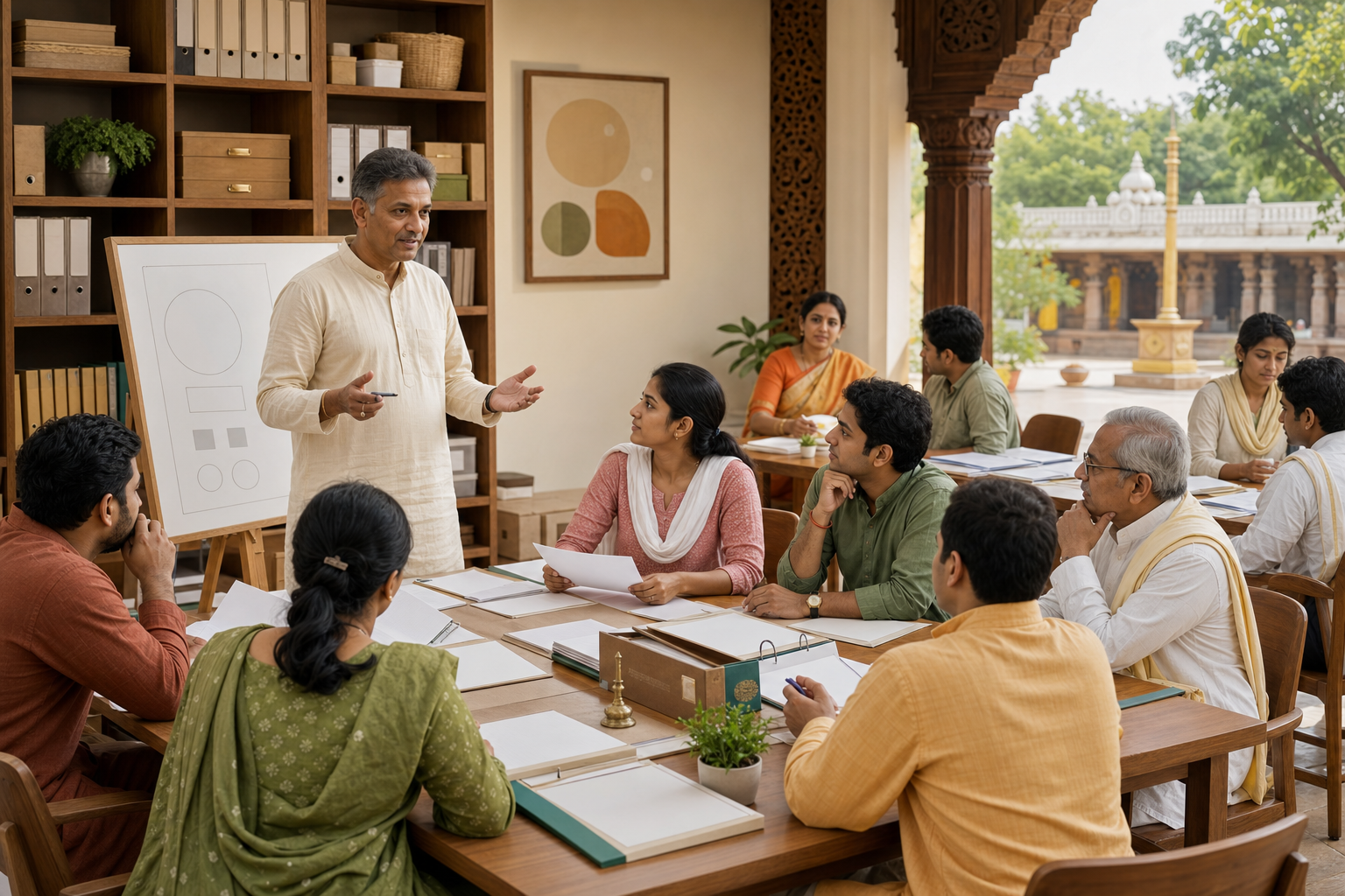 A legal educator leads temple managers, students, trustees, and volunteers in a document-handling workshop at a community hall.
