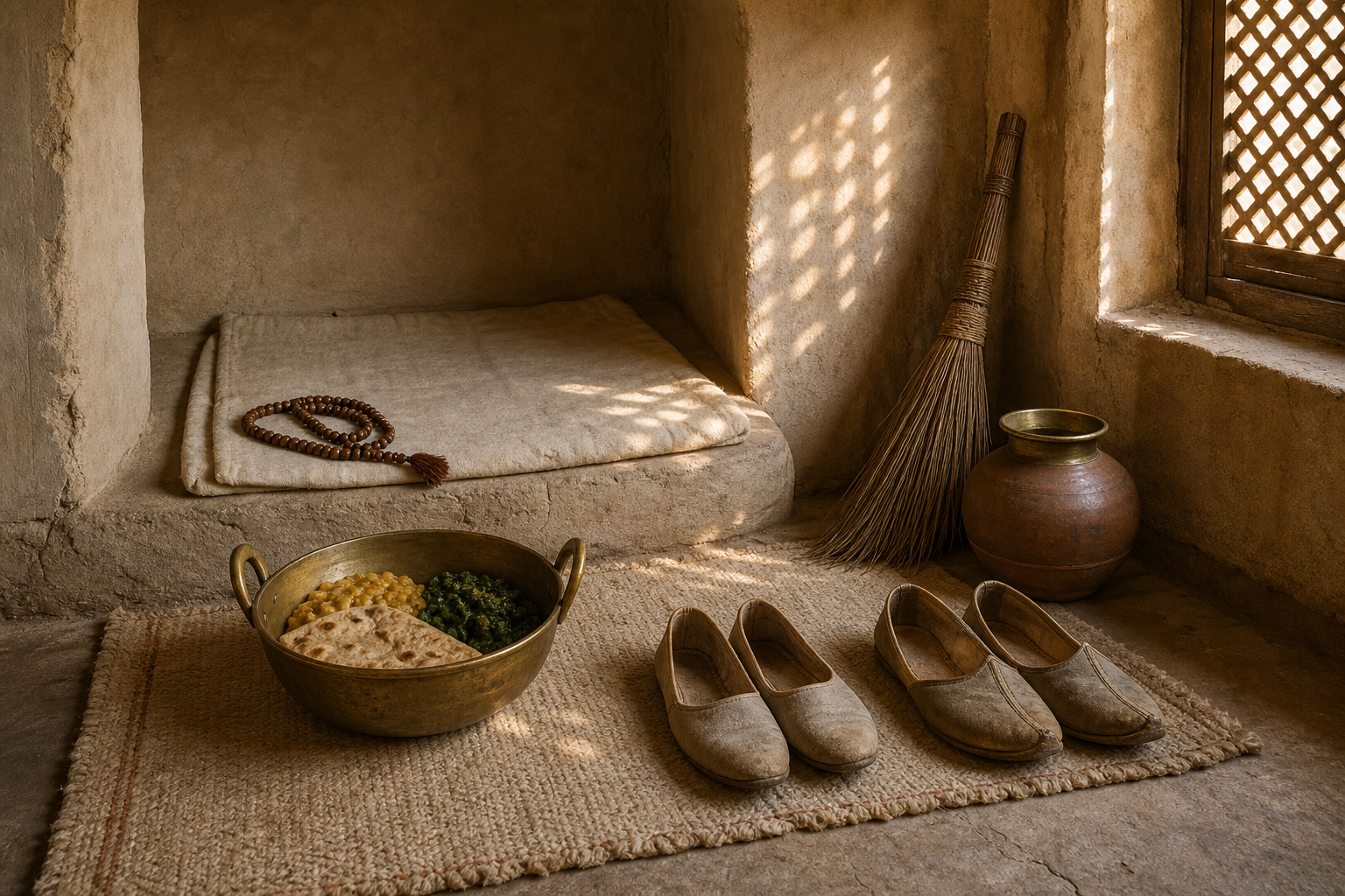 A meditation mat, prayer beads, shared vegetarian food, shoes, a broom, and a water pot are arranged in a simple Punjabi room.