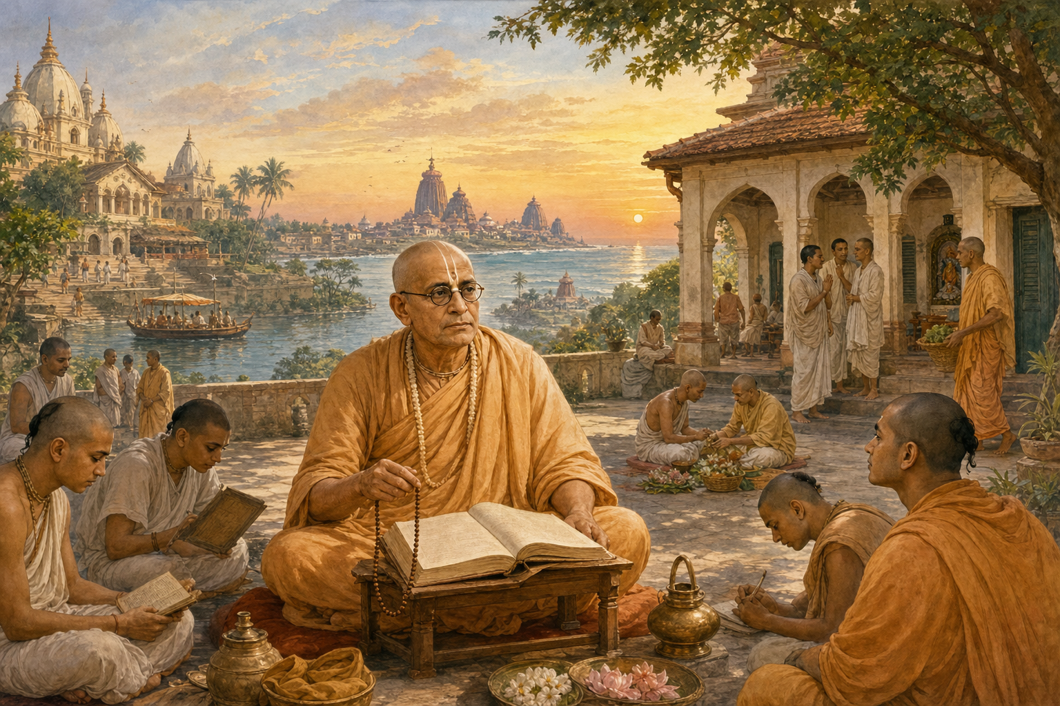 Bhaktisiddhanta Sarasvati sits with a scripture and prayer beads amid scenes of Mayapur, Puri, and devotees serving in a Gaudiya math.