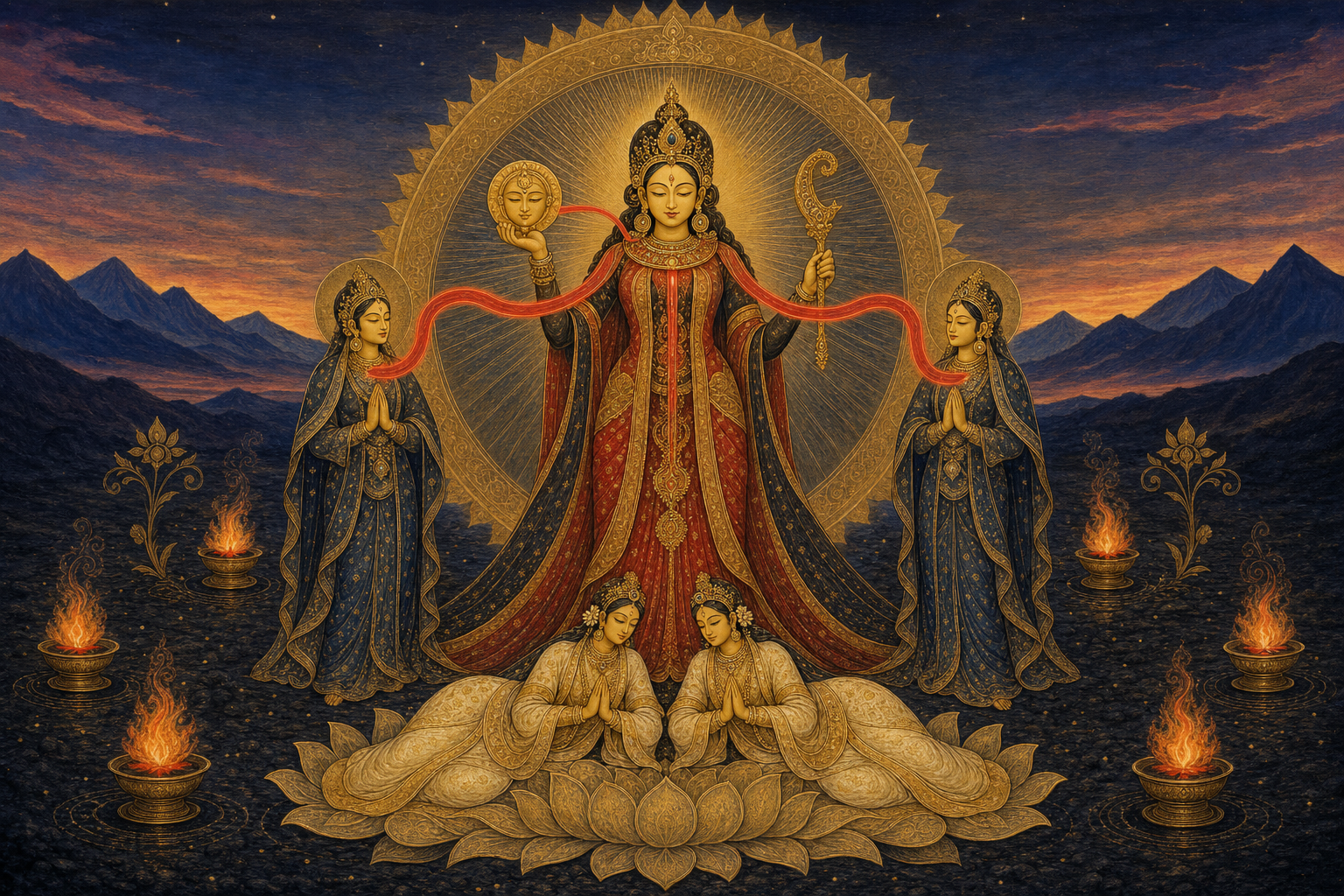 Sacred illustration of Chinnamasta holding her severed head and a curved blade as three stylized red streams flow toward her and two attendants above Kama and Rati in a cremation ground.