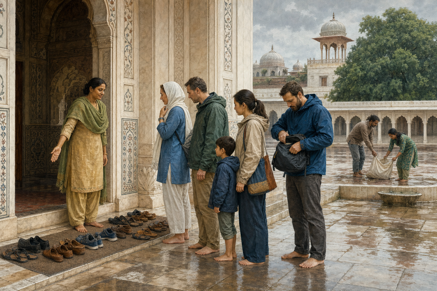 Visitors follow a local caretaker's guidance at a sacred-site entrance while two people collect litter in the outer courtyard.