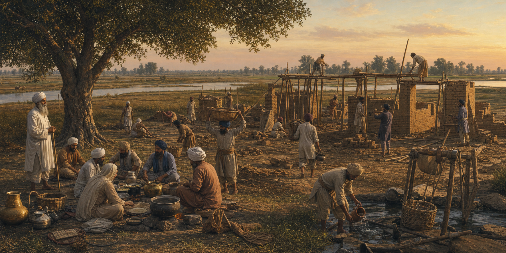 People build and work around a small mud-brick settlement near the Beas River as an elderly Sikh guide looks on.