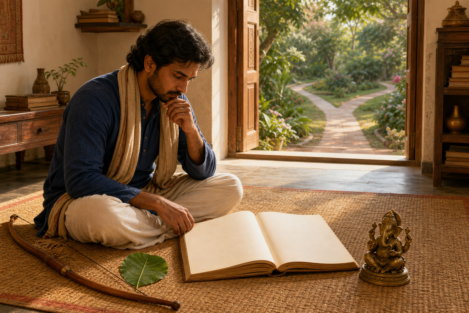 A reader reflects beside an open manuscript, a wooden bow, a forest leaf, and a small brass Ganesha murti, with a branching garden path beyond.