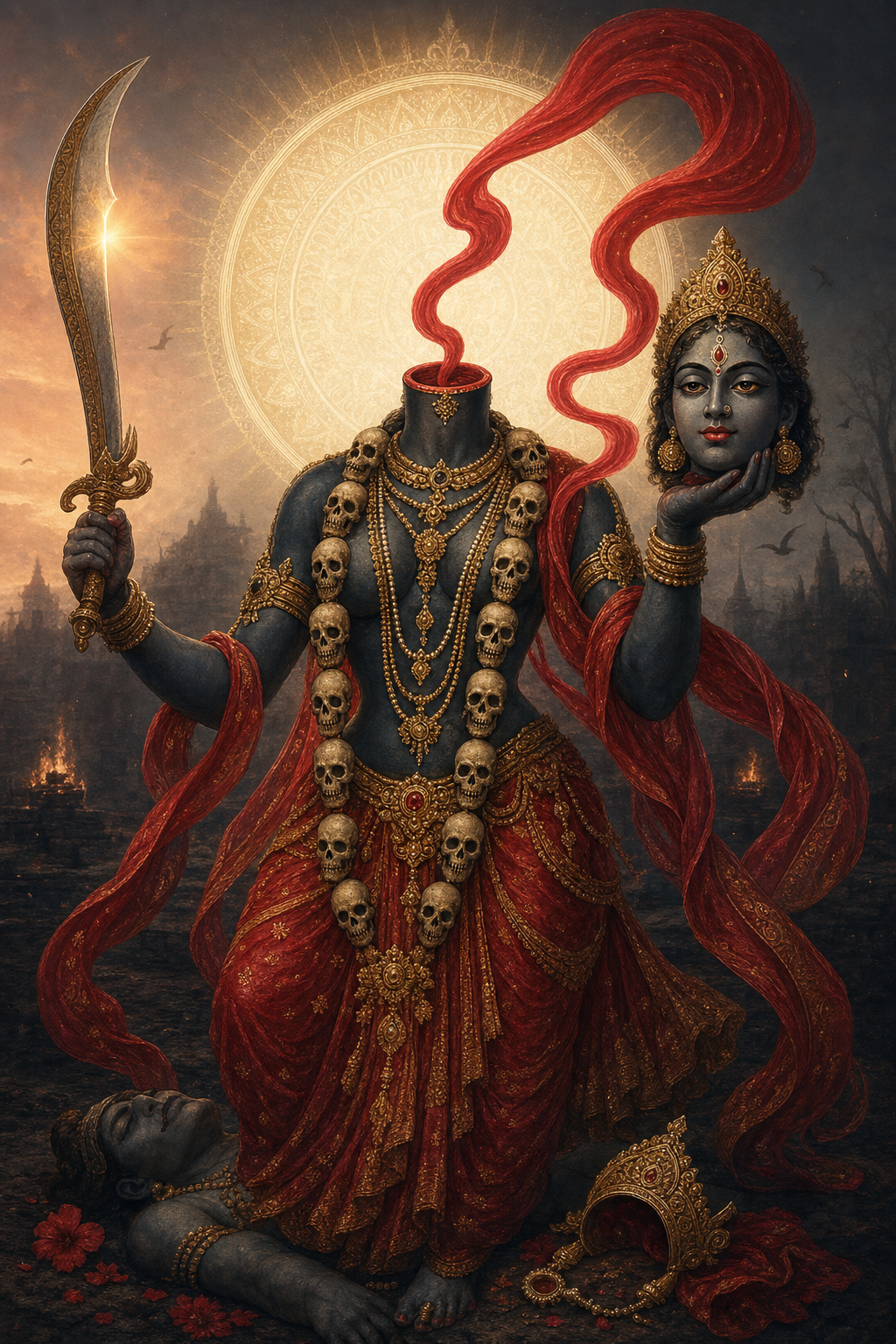 Chinnamasta stands alive within an unbroken halo, holding her calm severed head and a curved blade as a stylized crimson stream links the head and body.