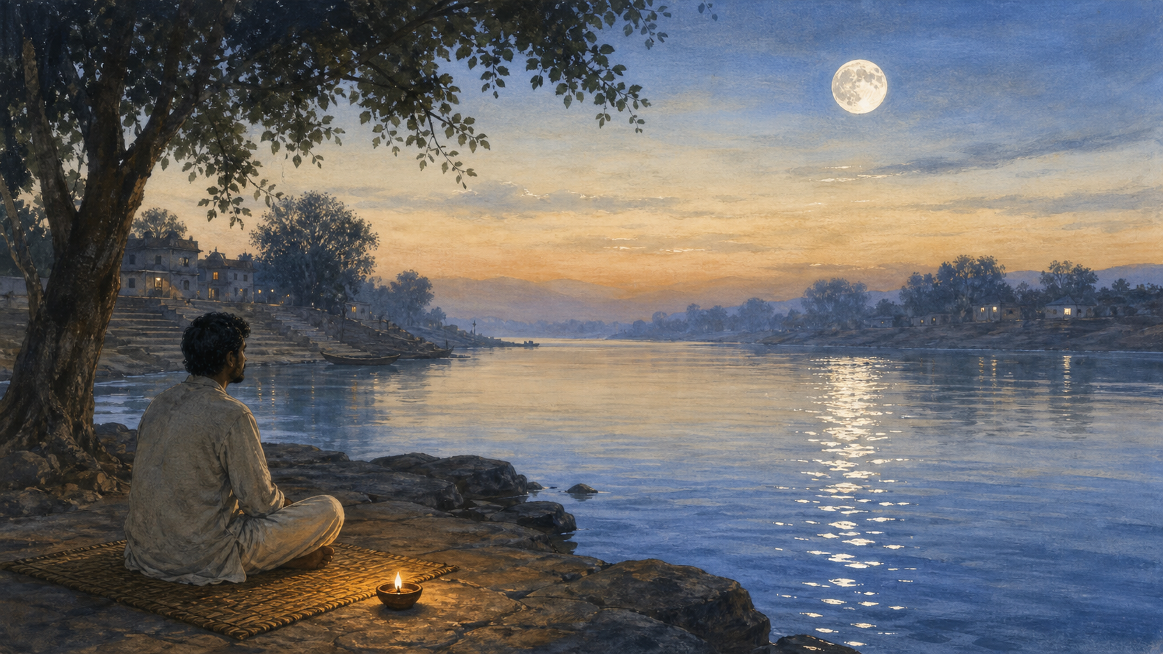 A seated person beside a dawn river watches moonlight break into many reflections across the rippling water.