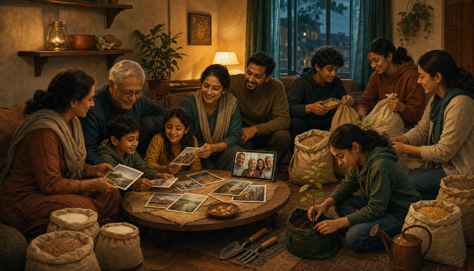 An intergenerational group shares pilgrimage photographs, packs supplies for community service, tends a sapling, and speaks with distant friends by video call.
