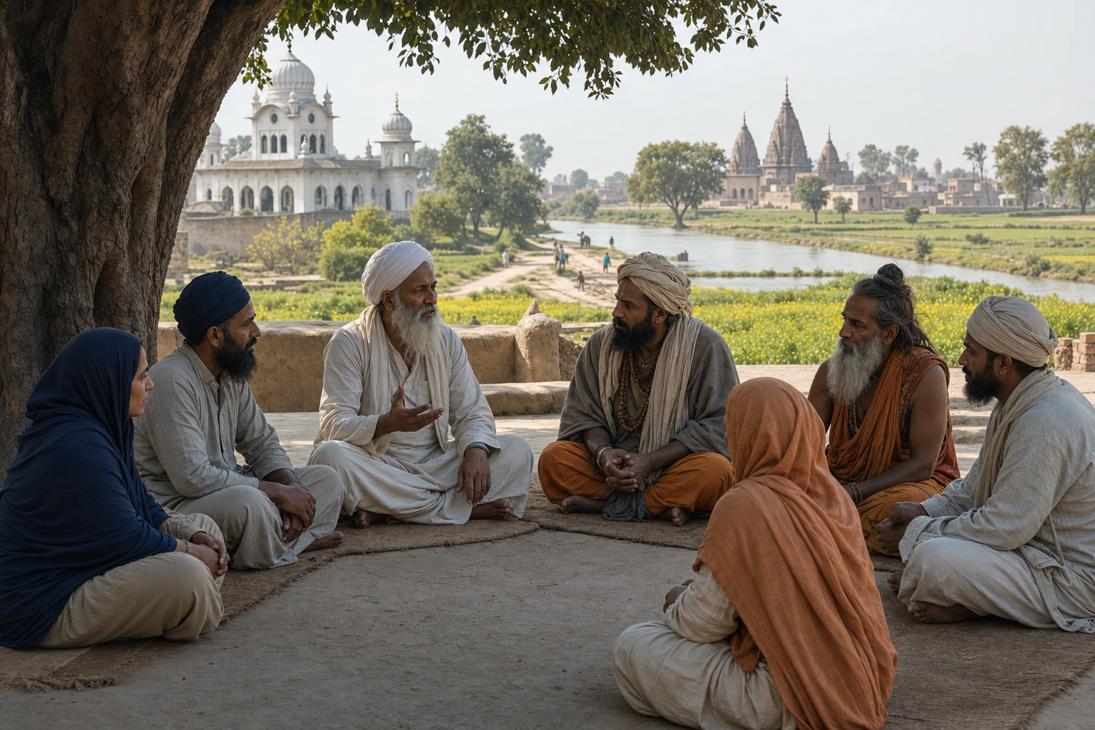 A Sikh spiritual teacher converses with Sikh householders and traveling ascetics in a rural Punjabi courtyard.