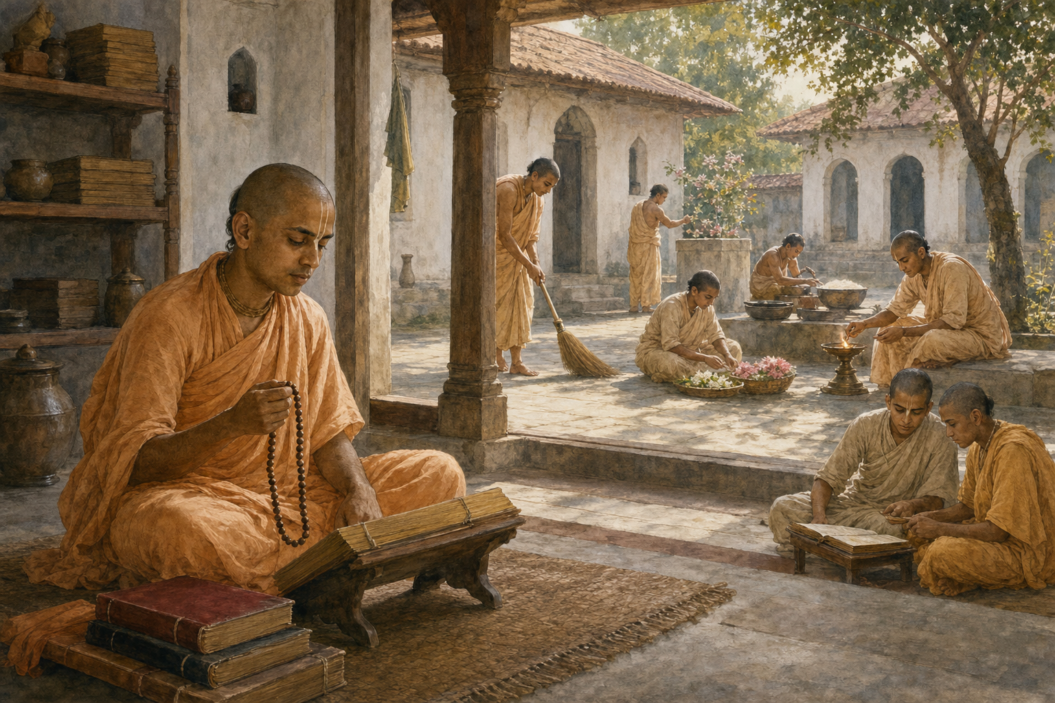 Gaudiya Vaishnava monks chant, study, sweep a courtyard, arrange flowers, and prepare offerings in an early twentieth-century math.