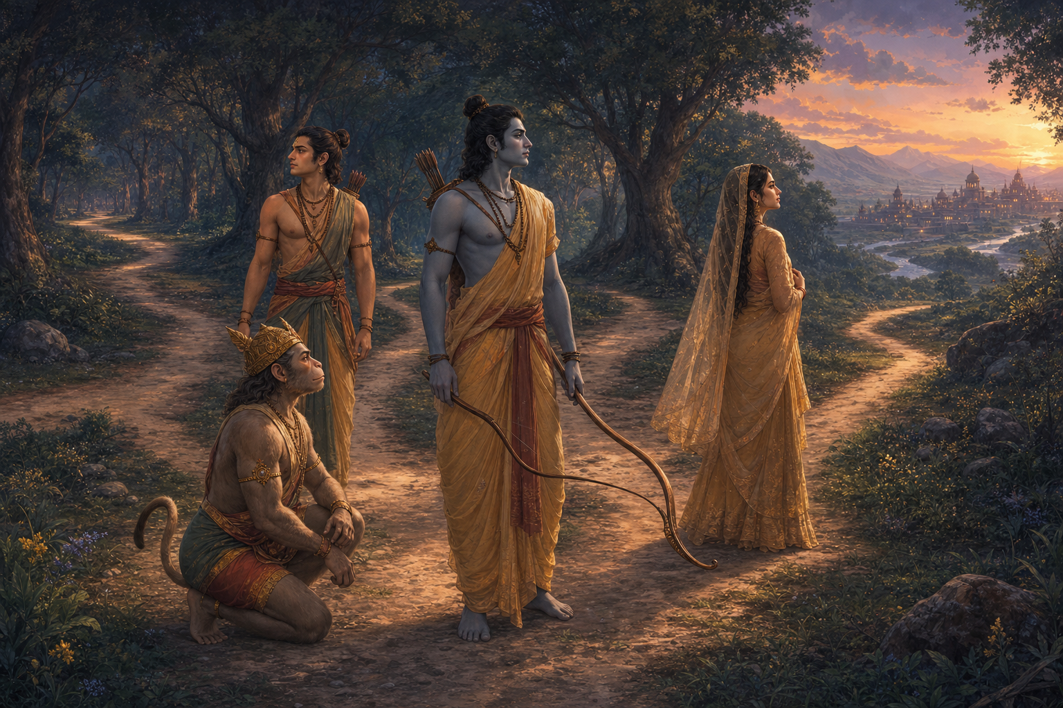 Rama, Sita, Lakshmana, and Hanuman pause at a forest crossroads, looking toward different paths in a moment of reflection.
