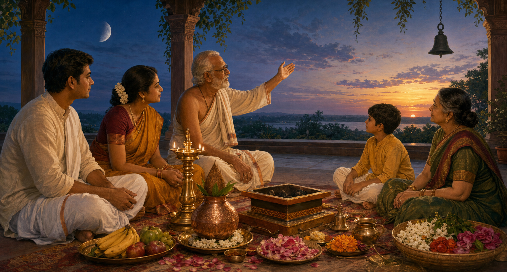 A family prepares puja and homa offerings at dawn while an elder points toward the moon, sunrise, and a distant temple bell.
