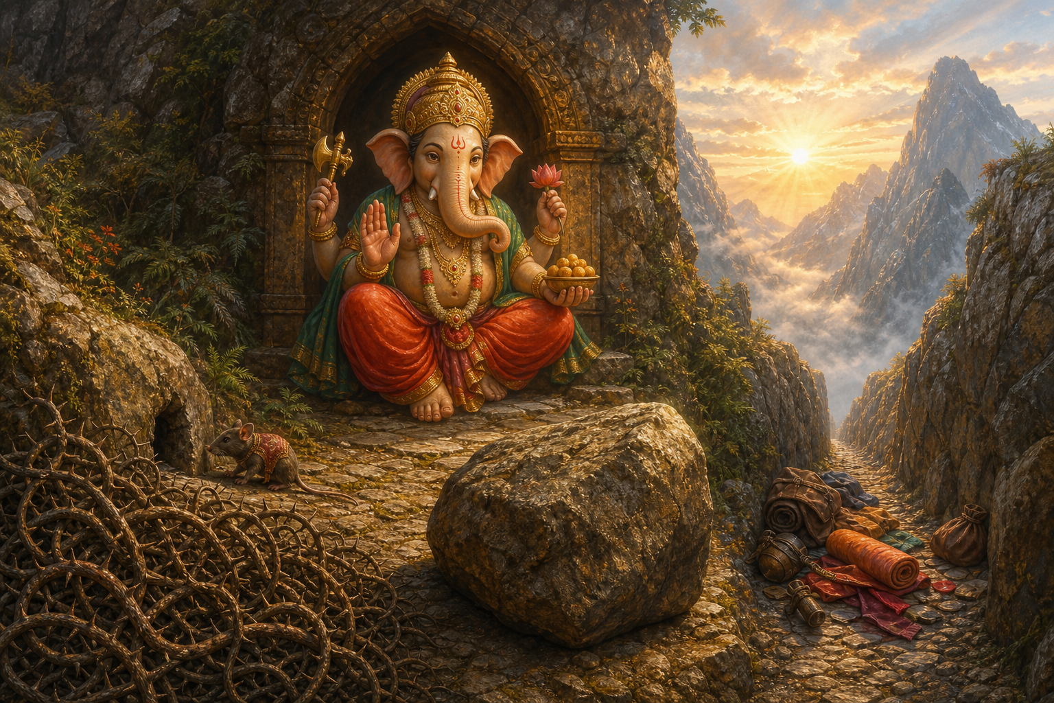 Ganesha sits before a mountain passage containing tangled roots, a fallen stone, and a narrow opening, while a mouse examines another route.