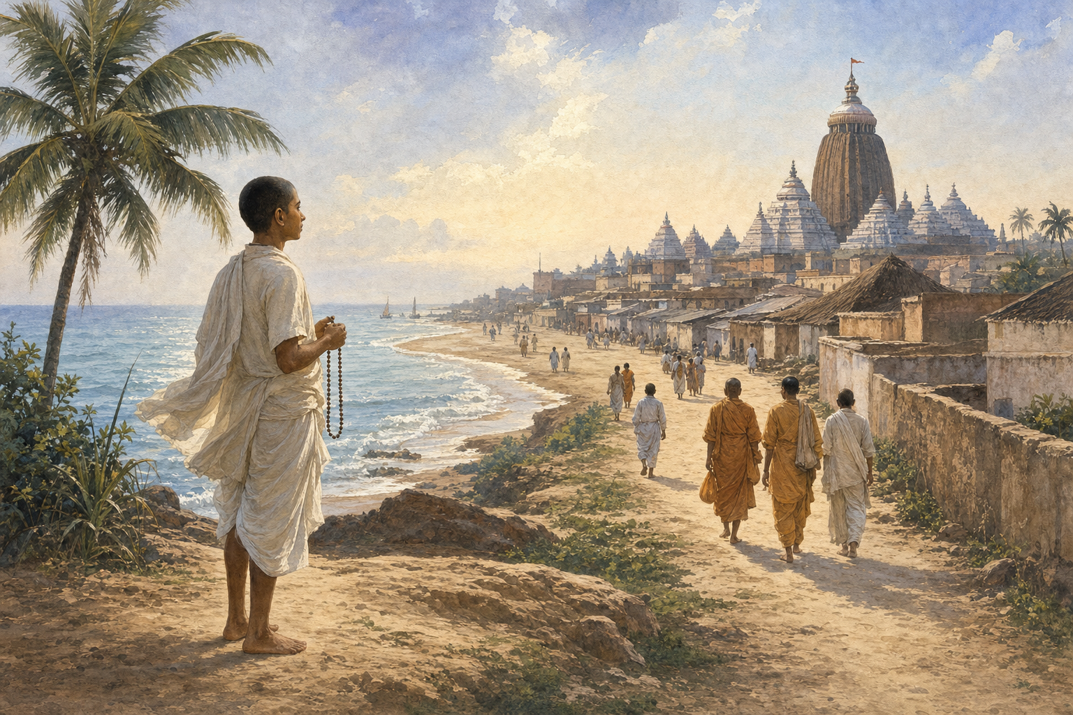 A young Vaishnava pilgrim looks from the Puri shore toward pilgrims, the sacred town, and the distant spire of Jagannath Temple at dawn.