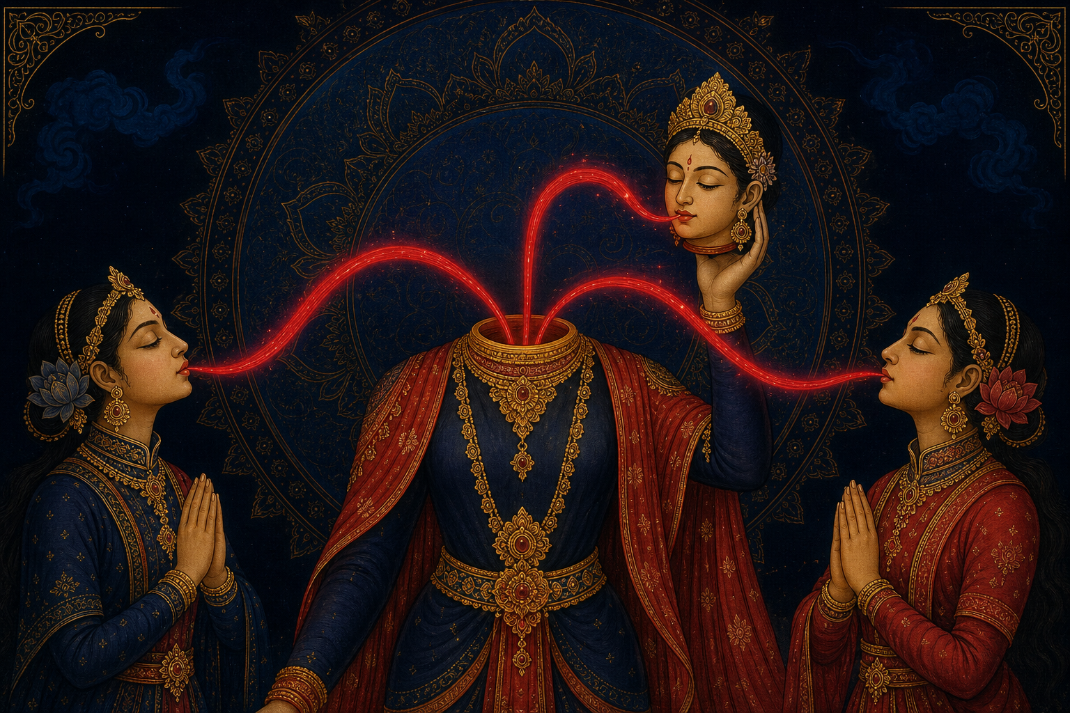Three luminous crimson streams arc from Chinnamasta toward her own held head and two attendant yoginis arranged on either side.