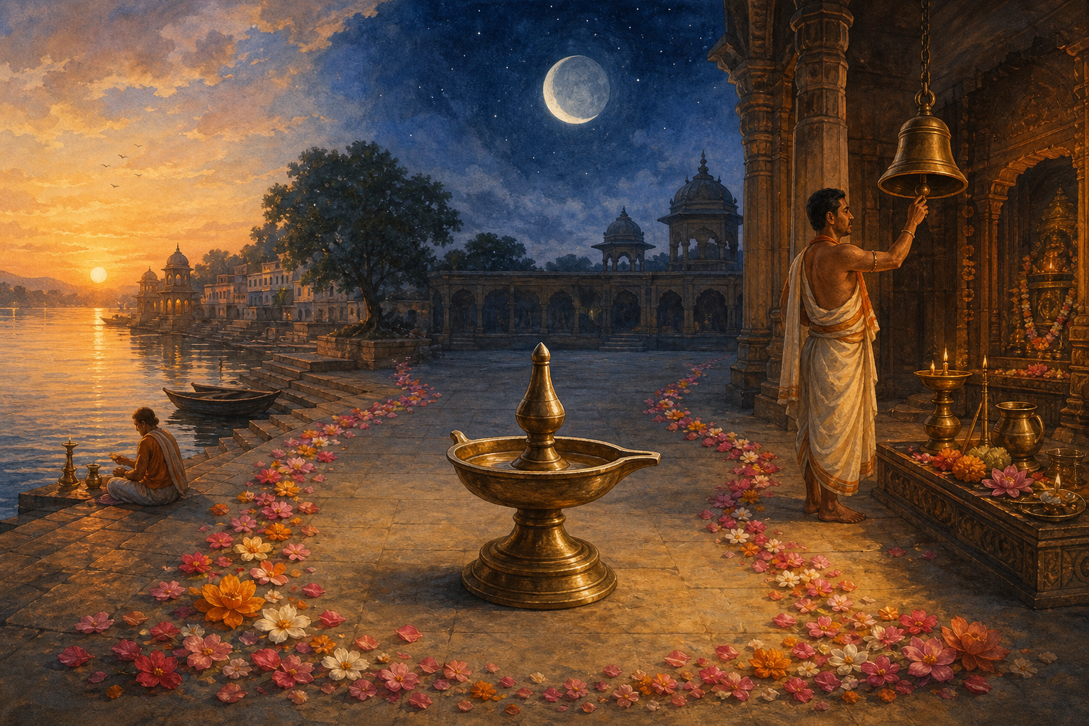 Sunrise, a waxing moon, and a temple bell appear in three connected scenes around a brass oil lamp.